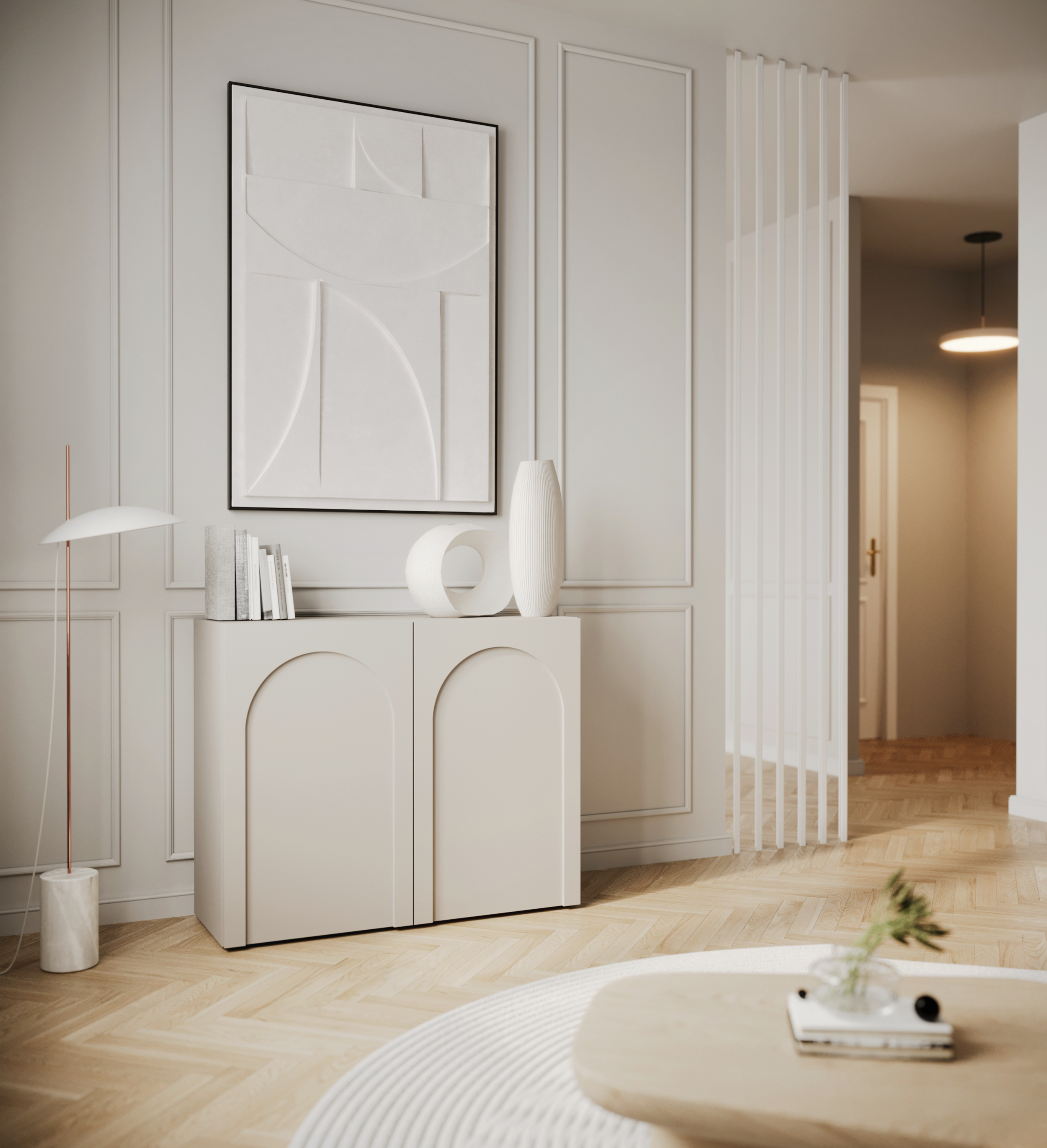 Zweiturige Kommode Arkadia mit gefrästen Fronten, 100 cm, Kaschmir