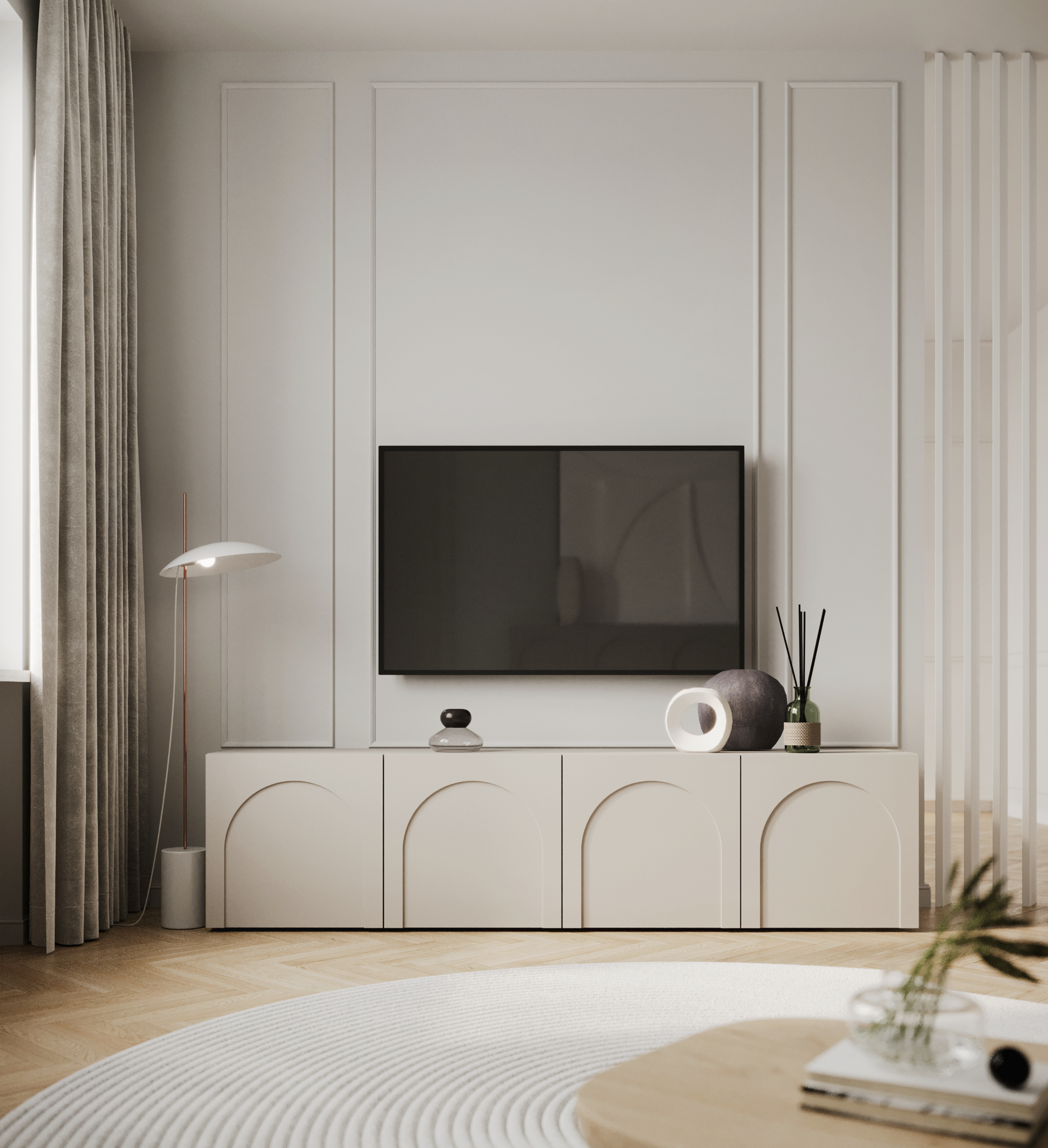 TV-Schrank Arkadia mit vier Türen und gefrästen Fronten, 200 cm, Kaschmir