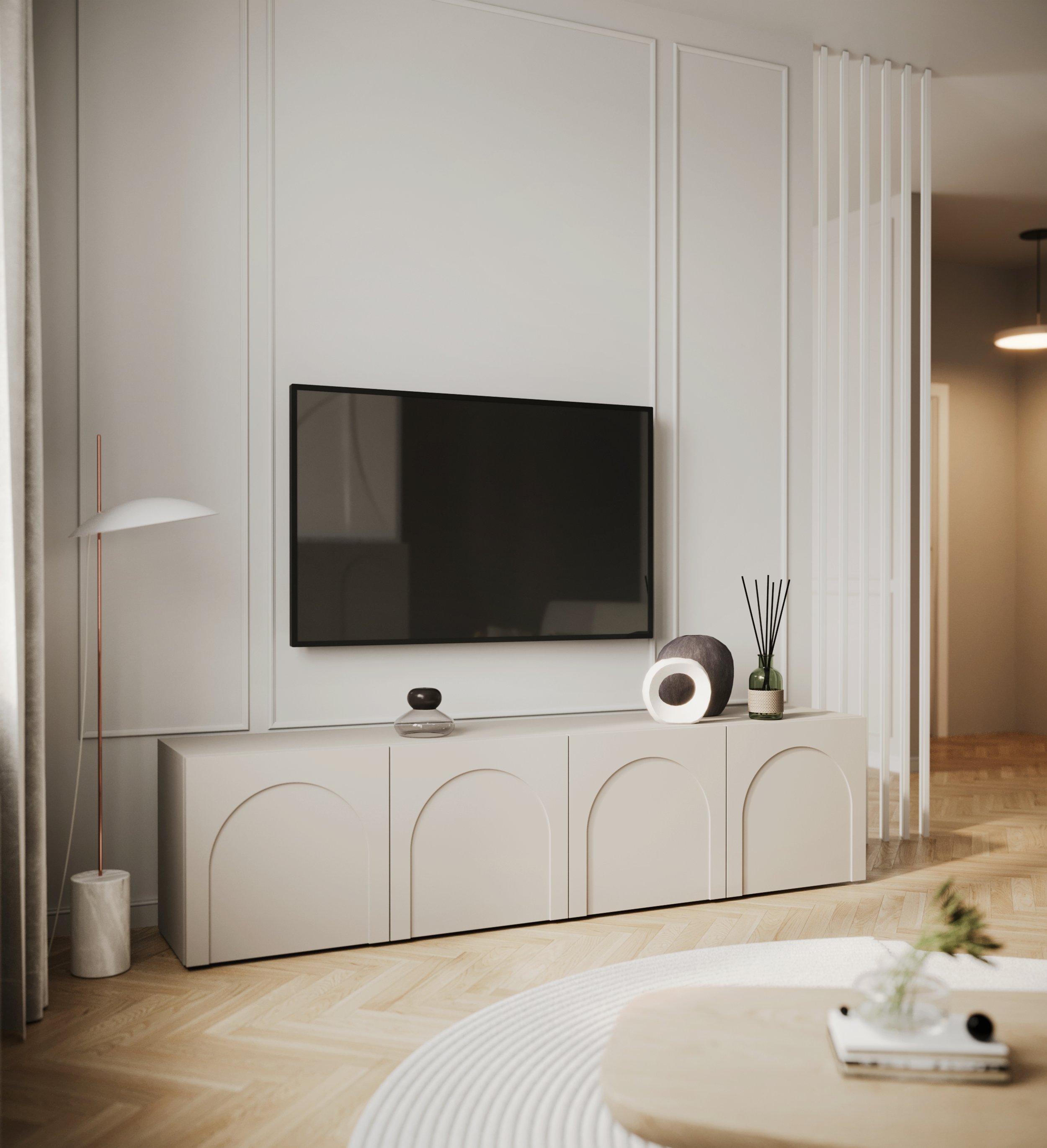 TV-Schrank Arkadia mit vier Türen und gefrästen Fronten, 200 cm, Kaschmir