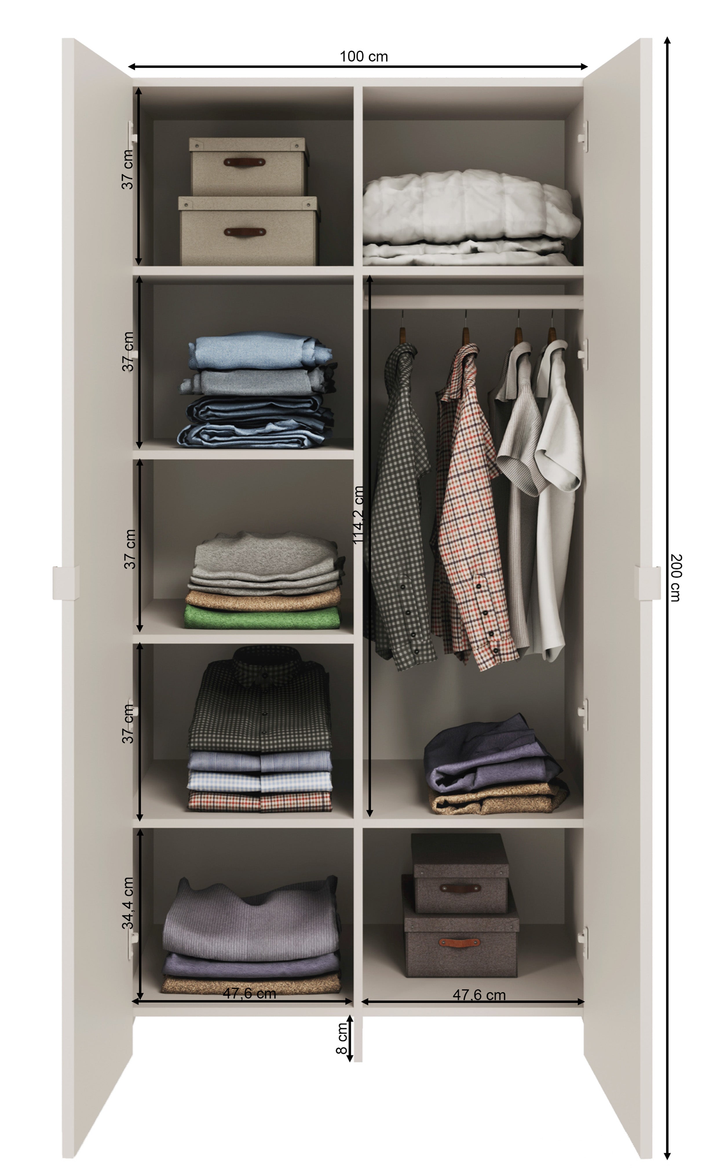 Zweiflügeliger Schrank Arkadia mit gefräster Front und Spiegel, 100 cm, Kaschmir