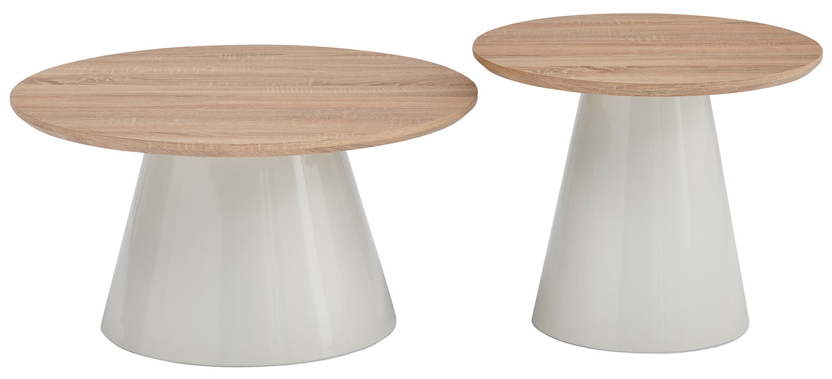 Lunnea runde Kaffeetisch-Sets 80 und 60 cm, natürliche Eiche mit cremefarbenem Sockel