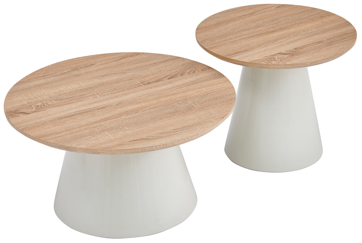 Lunnea runde Kaffeetisch-Sets 80 und 60 cm, natürliche Eiche mit cremefarbenem Sockel