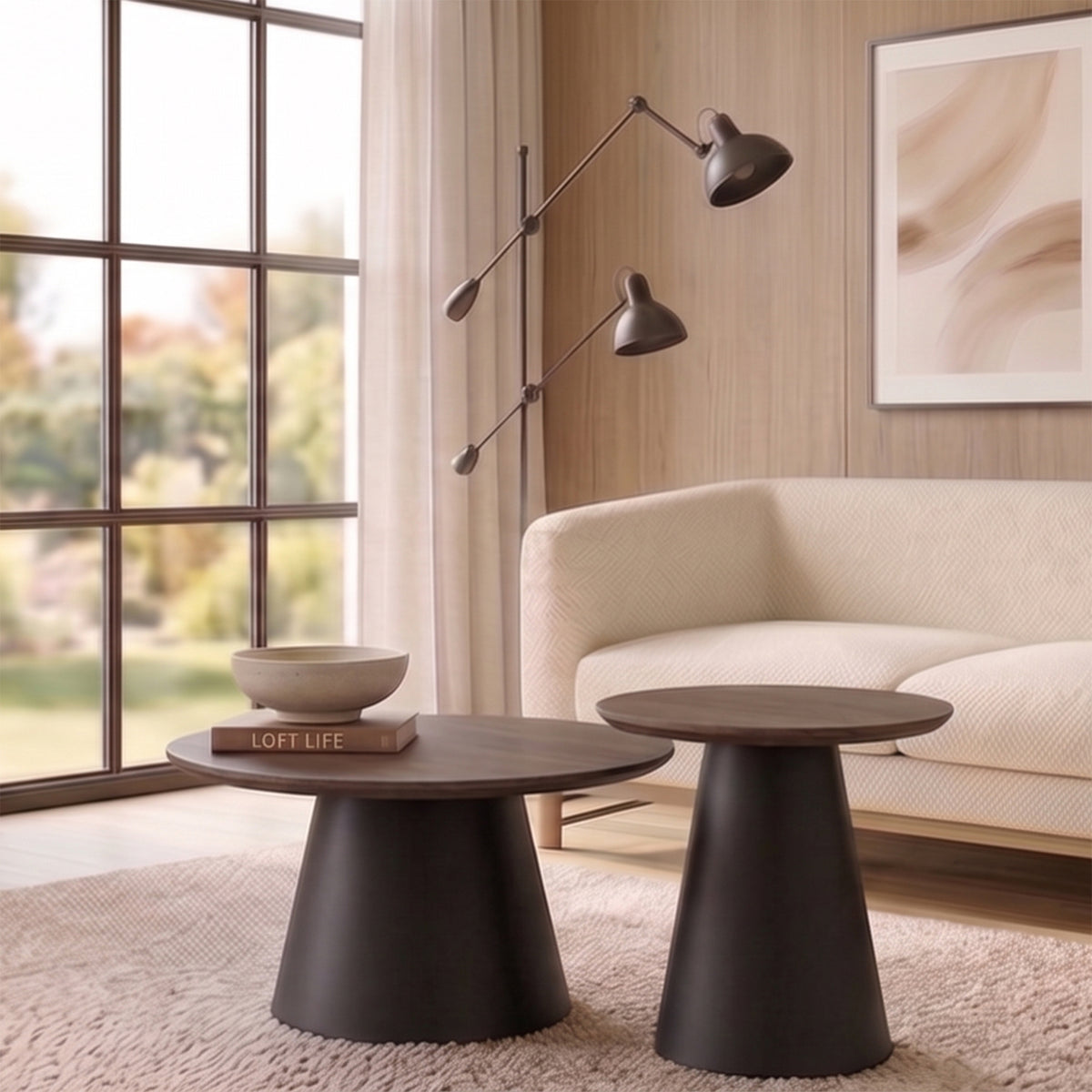 Lunnea runde Couchtisch-Sets 80 und 60 cm Nussbaum mit schwarzem Gestell