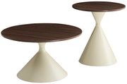 Adrize runde Couchtisch-Sets 50 und 70 cm Nussbaumfurnier mit beiger Metallbasis