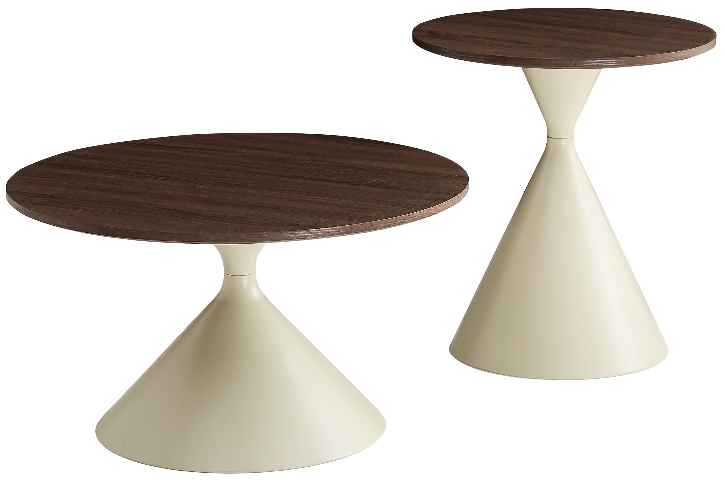 Adrize runde Couchtisch-Sets 50 und 70 cm Nussbaumfurnier mit beiger Metallbasis