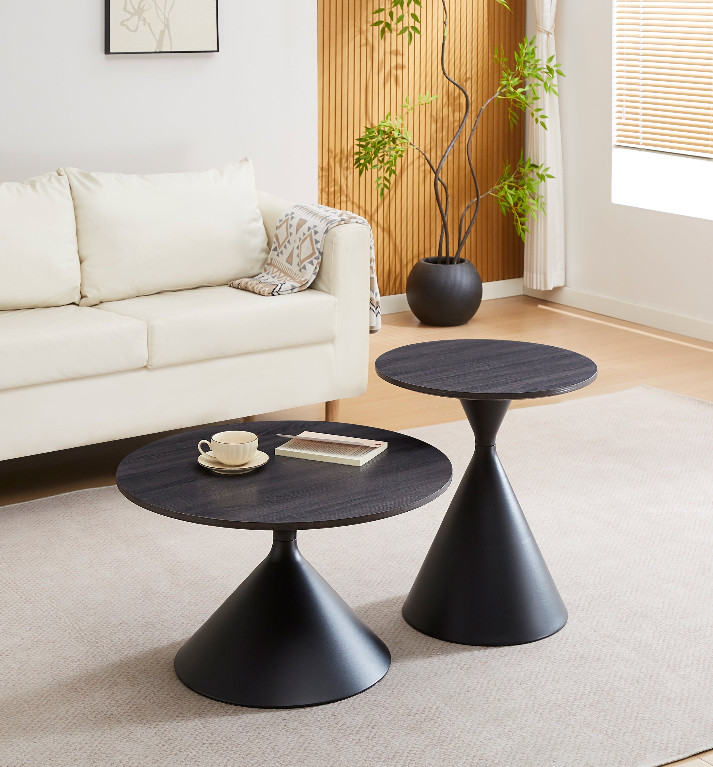 Adrize runde Kaffeetisch-Sets 50 und 70 cm, schwarzes Furnier mit Metallgestell