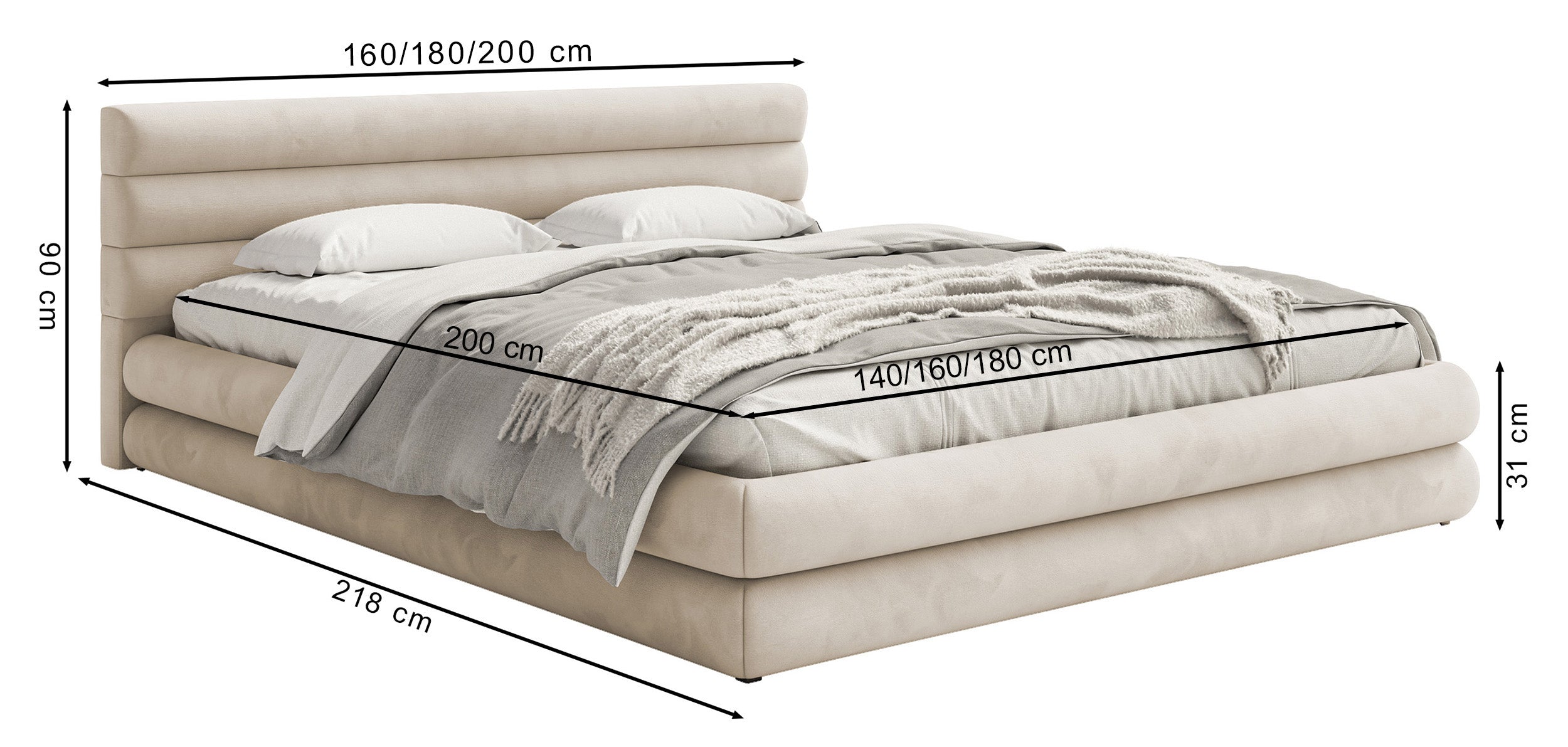 Gepolstertes Bett 160x200 cm Alegre mit Bettkasten, grau-beiges Velours, wasserabweisend und pflegeleicht, Metallrahmen