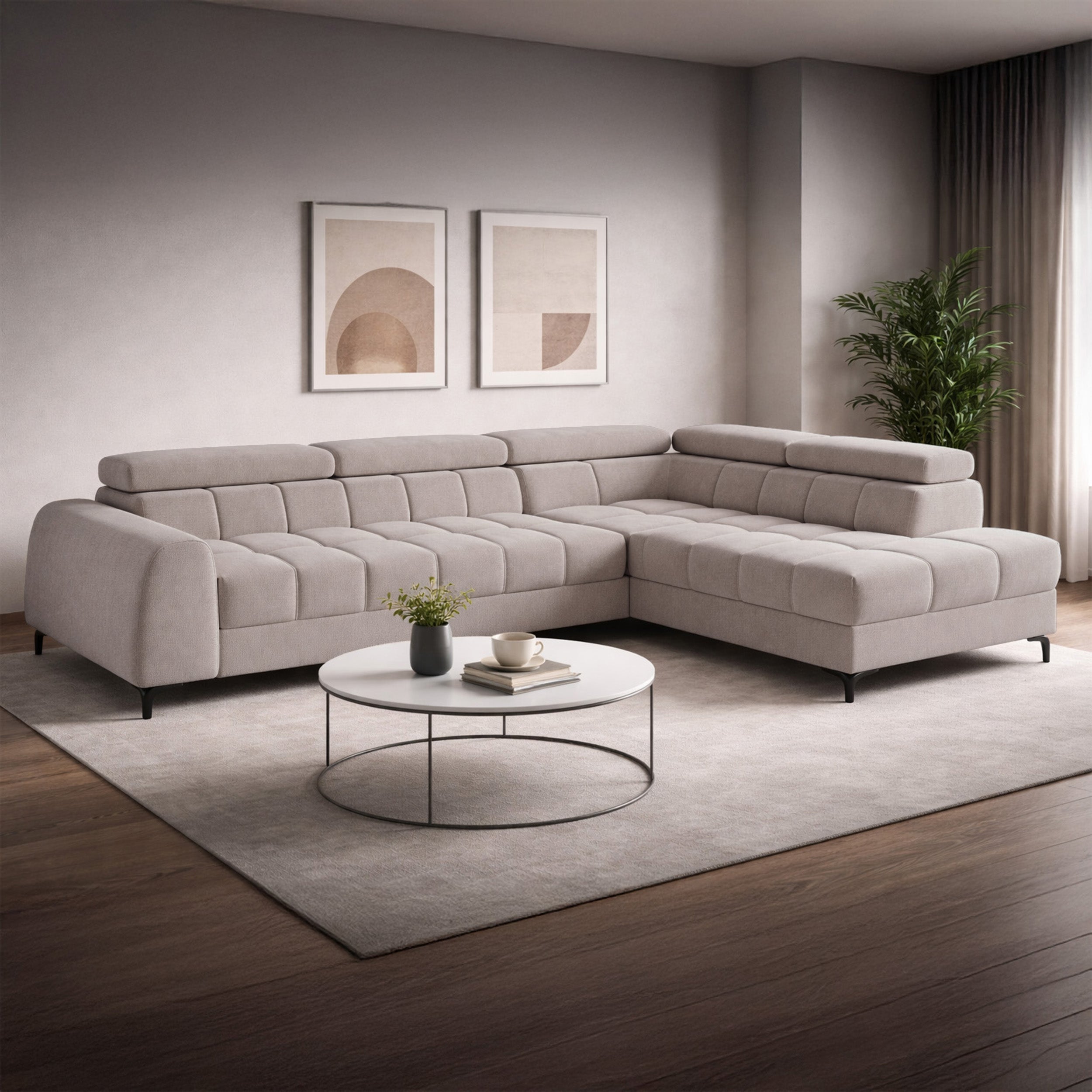 Ecksofa mit Schlaffunktion Arellio, L-förmig, rechtsseitig, mit Stauraum, grau-beiges Chenille