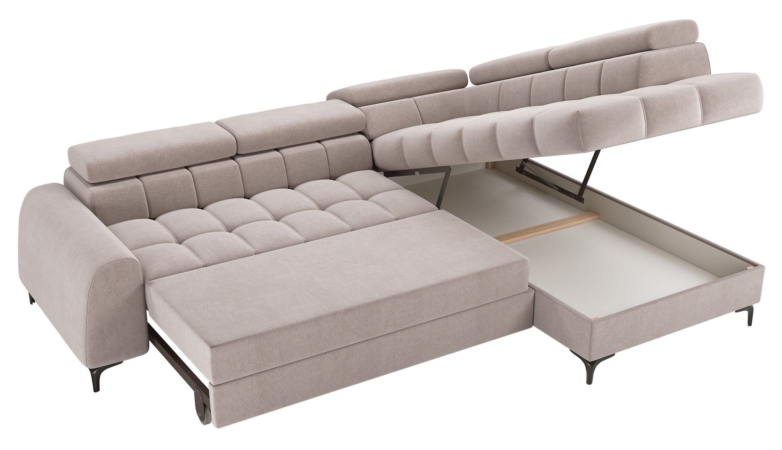 Ecksofa mit Schlaffunktion Arellio, L-förmig, rechtsseitig, mit Stauraum, grau-beiges Chenille