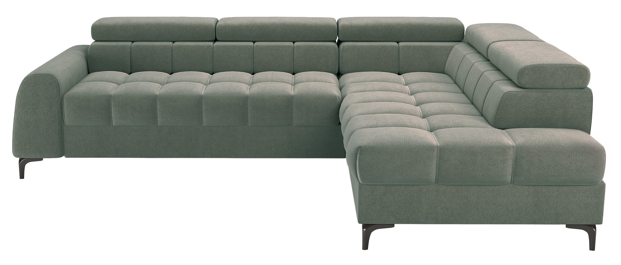 Ecksofa mit Schlaffunktion Arellio, L-förmig, rechtsseitig, mit Stauraum, Salbeigrüner Chenille-Bezug