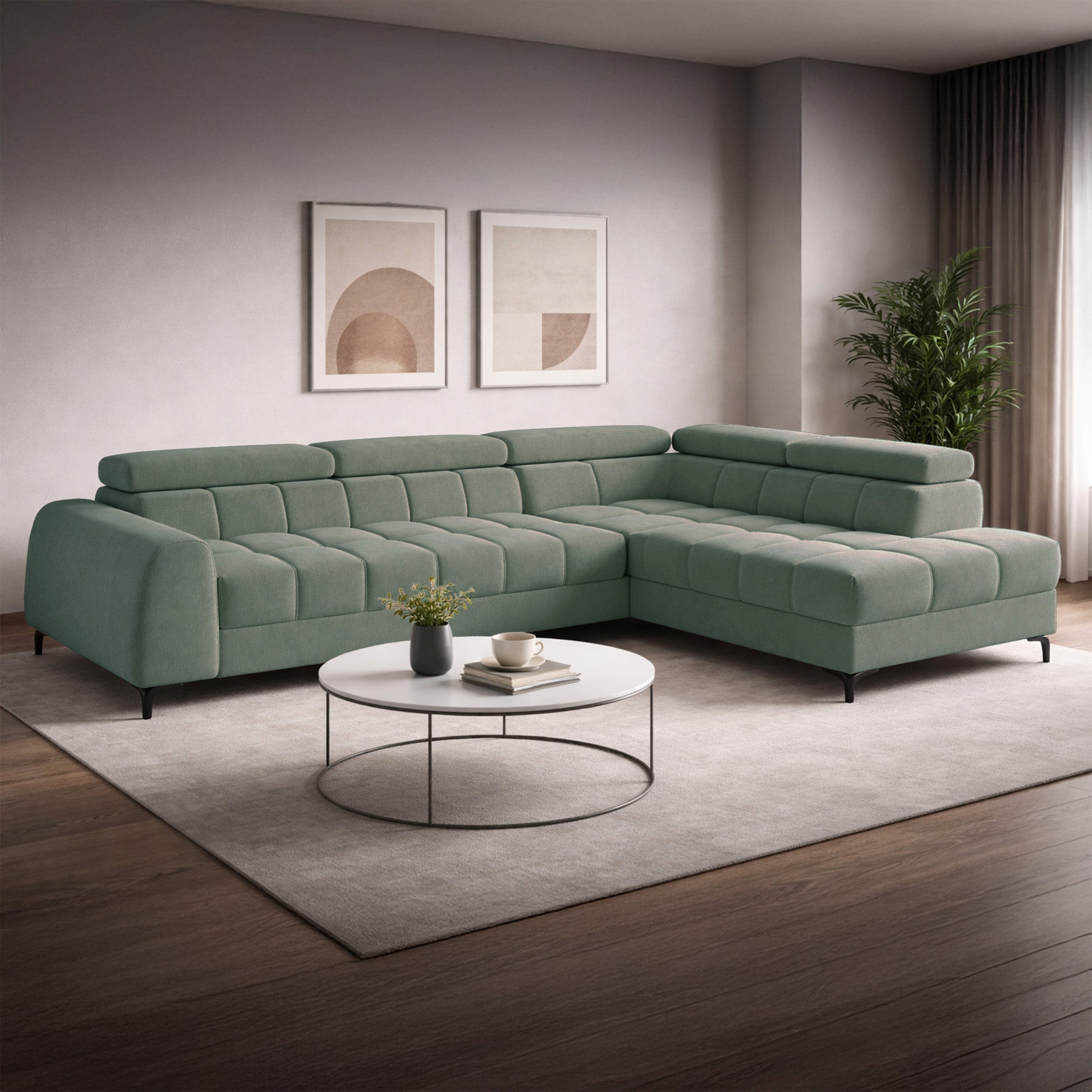 Ecksofa mit Schlaffunktion Arellio, L-förmig, rechtsseitig, mit Stauraum, Salbeigrüner Chenille-Bezug