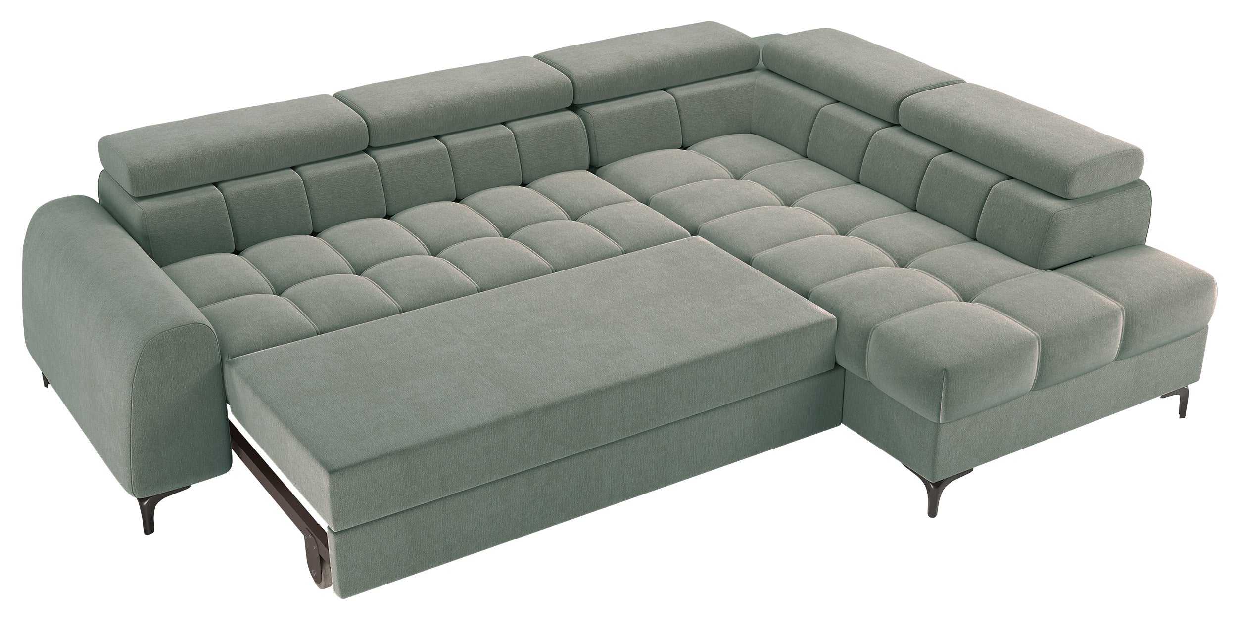Ecksofa mit Schlaffunktion Arellio, L-förmig, rechtsseitig, mit Stauraum, Salbeigrüner Chenille-Bezug