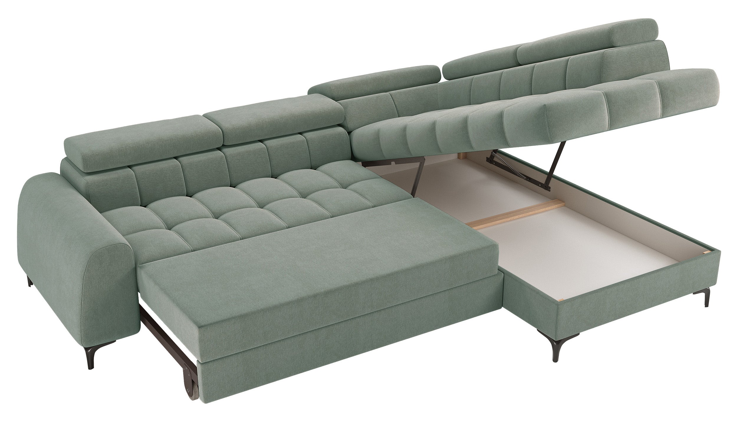 Ecksofa mit Schlaffunktion Arellio, L-förmig, rechtsseitig, mit Stauraum, Salbeigrüner Chenille-Bezug