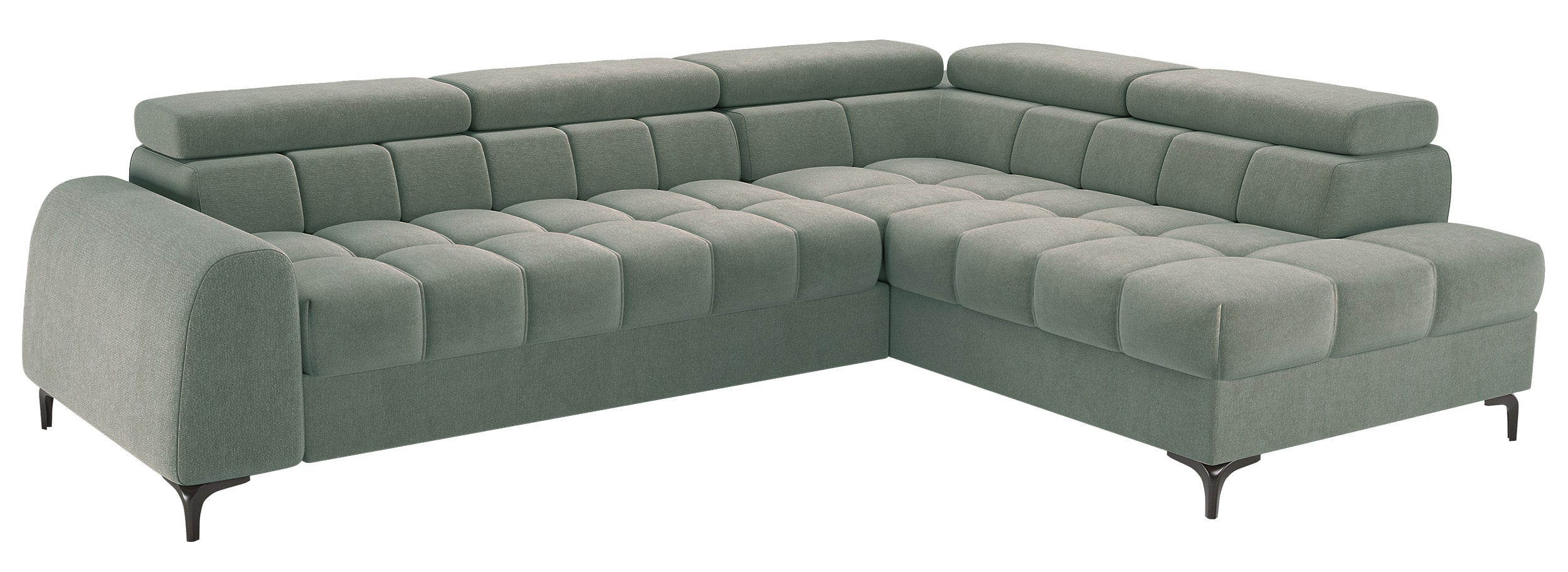 Ecksofa mit Schlaffunktion Arellio, L-förmig, rechtsseitig, mit Stauraum, Salbeigrüner Chenille-Bezug