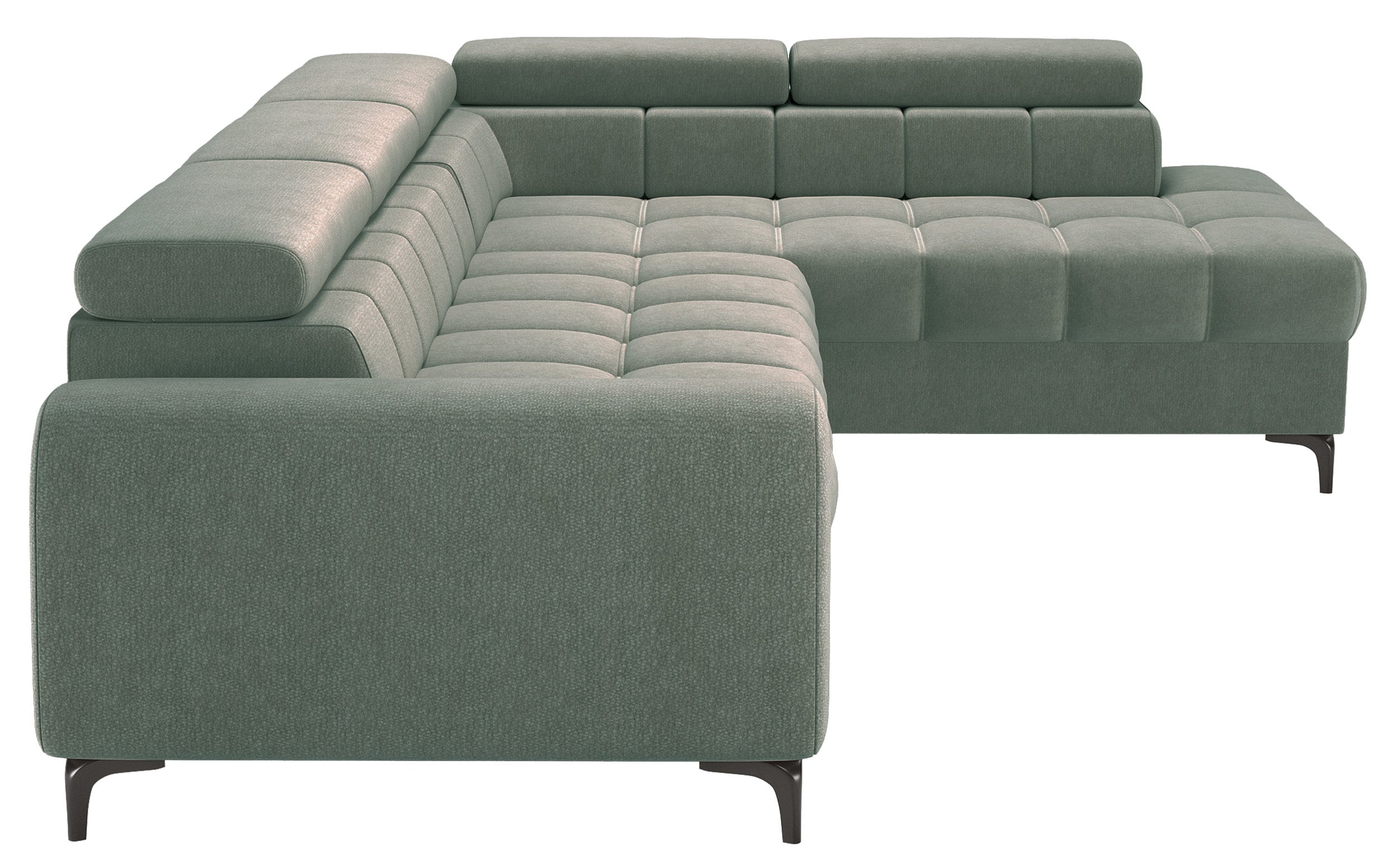 Ecksofa mit Schlaffunktion Arellio, L-förmig, rechtsseitig, mit Stauraum, Salbeigrüner Chenille-Bezug