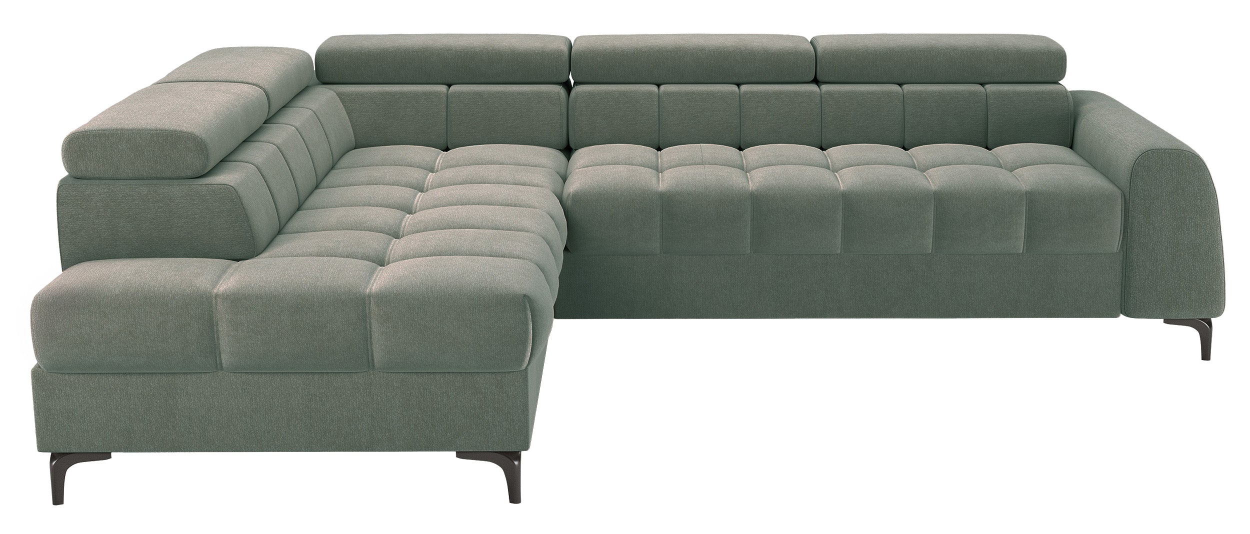 Ecksofa mit Schlafunktion Arellio, L-förmig, linksseitig, mit Stauraum, salbeigrüner Chenille-Bezug