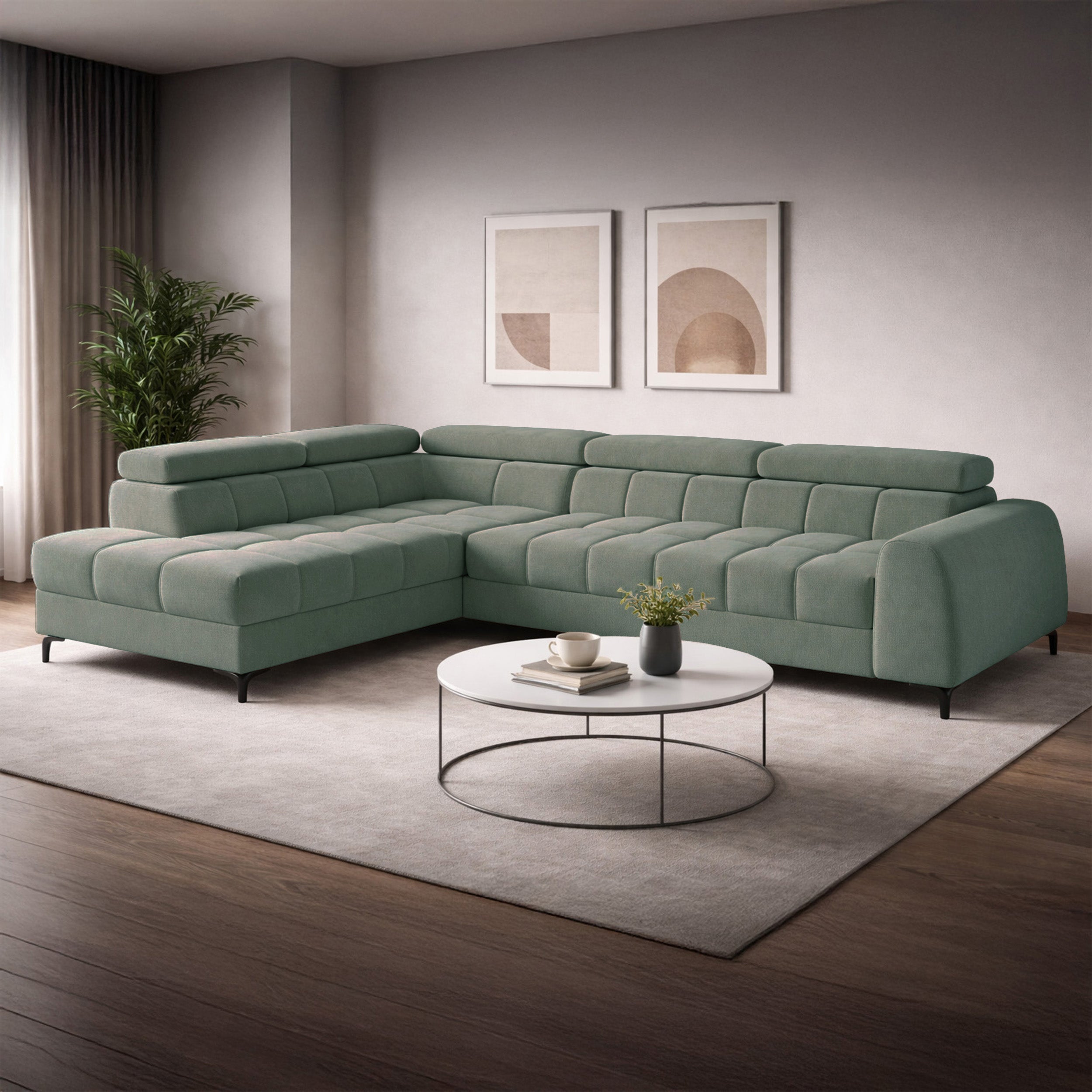 Ecksofa mit Schlafunktion Arellio, L-förmig, linksseitig, mit Stauraum, salbeigrüner Chenille-Bezug
