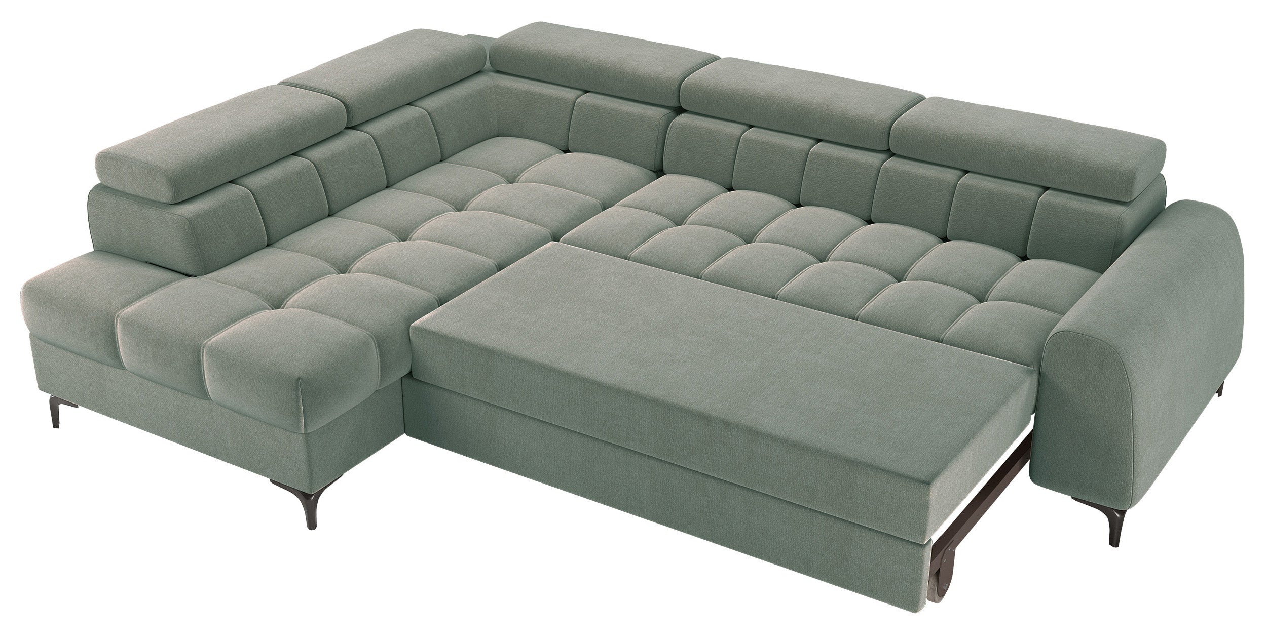 Ecksofa mit Schlafunktion Arellio, L-förmig, linksseitig, mit Stauraum, salbeigrüner Chenille-Bezug
