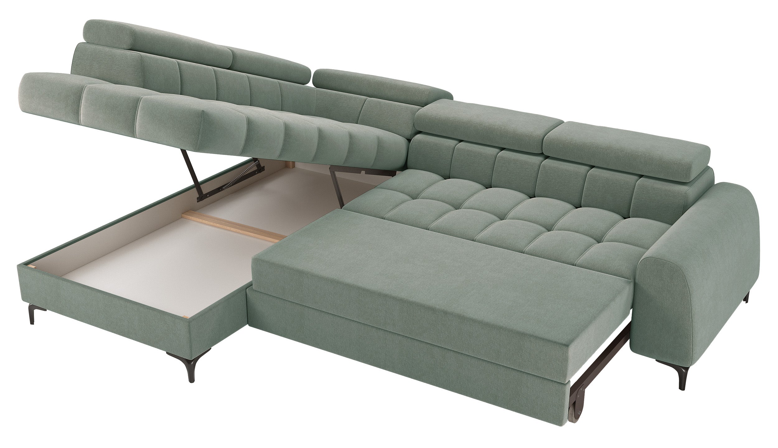 Ecksofa mit Schlafunktion Arellio, L-förmig, linksseitig, mit Stauraum, salbeigrüner Chenille-Bezug