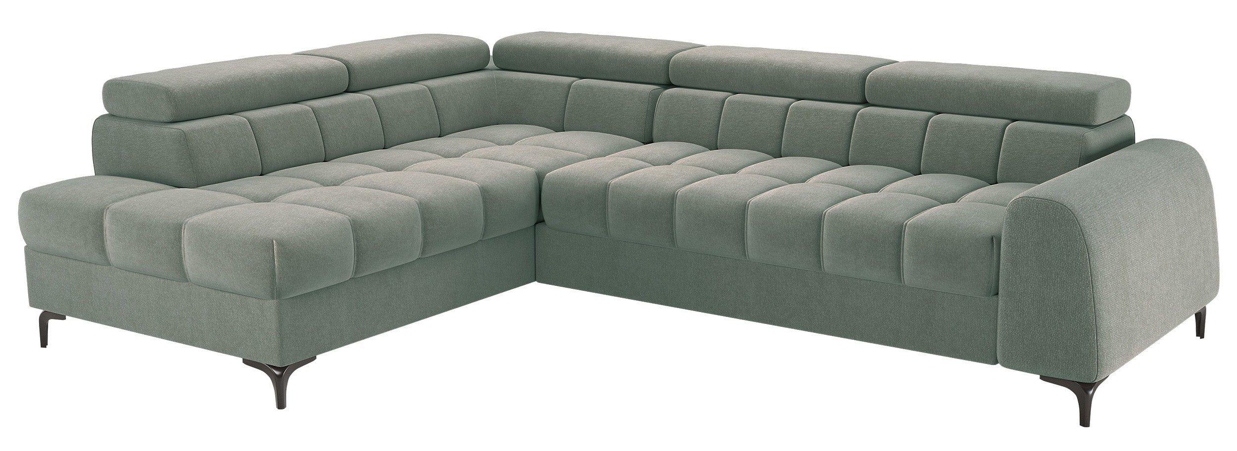 Ecksofa mit Schlafunktion Arellio, L-förmig, linksseitig, mit Stauraum, salbeigrüner Chenille-Bezug
