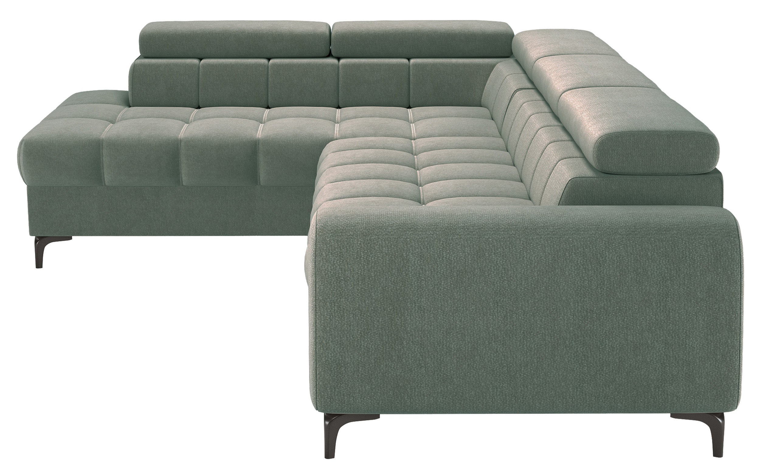 Ecksofa mit Schlafunktion Arellio, L-förmig, linksseitig, mit Stauraum, salbeigrüner Chenille-Bezug
