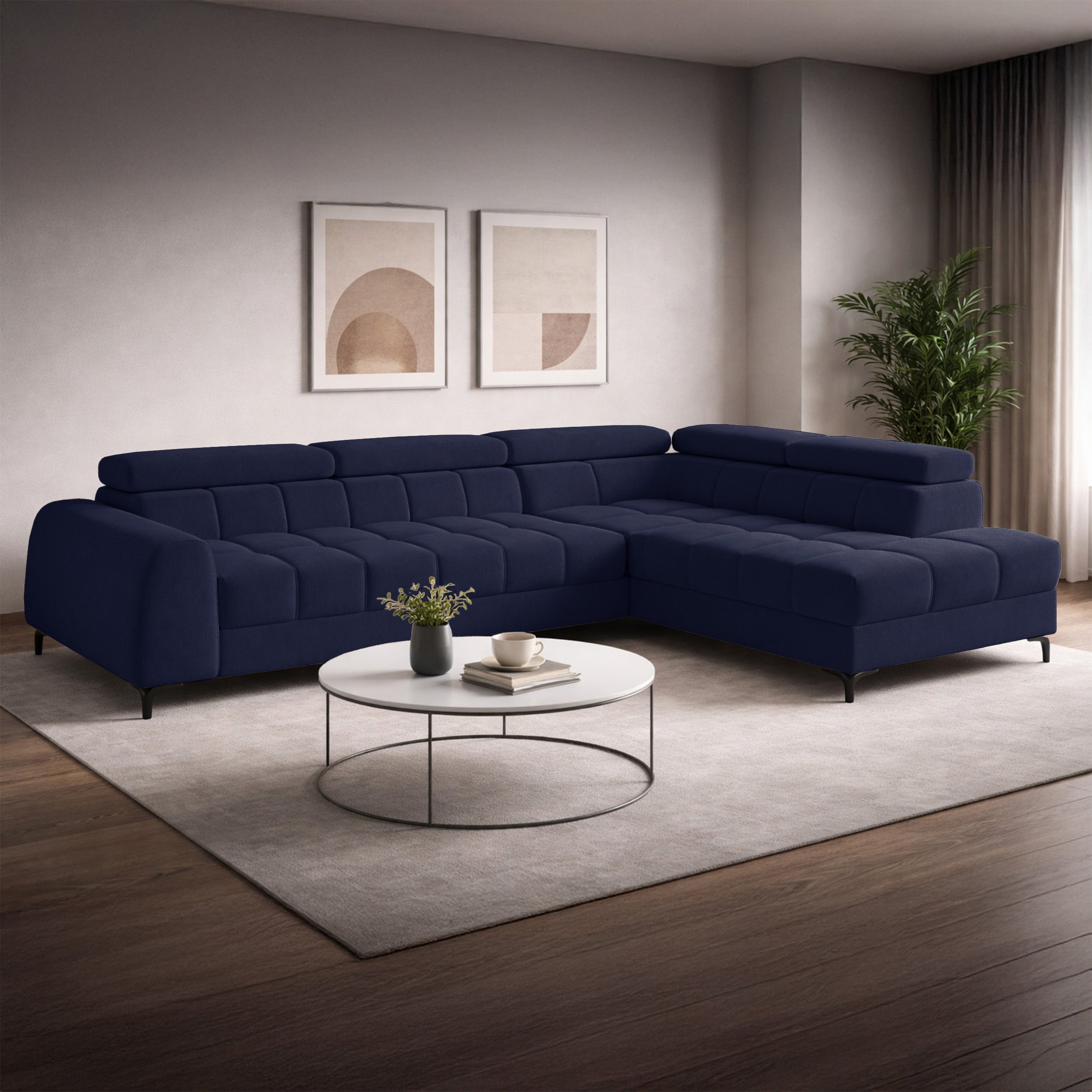 Ecksofa mit Schlaffunktion Arellio, L-förmig, rechtsseitig, mit Stauraum, marineblauer Chenille-Stoff