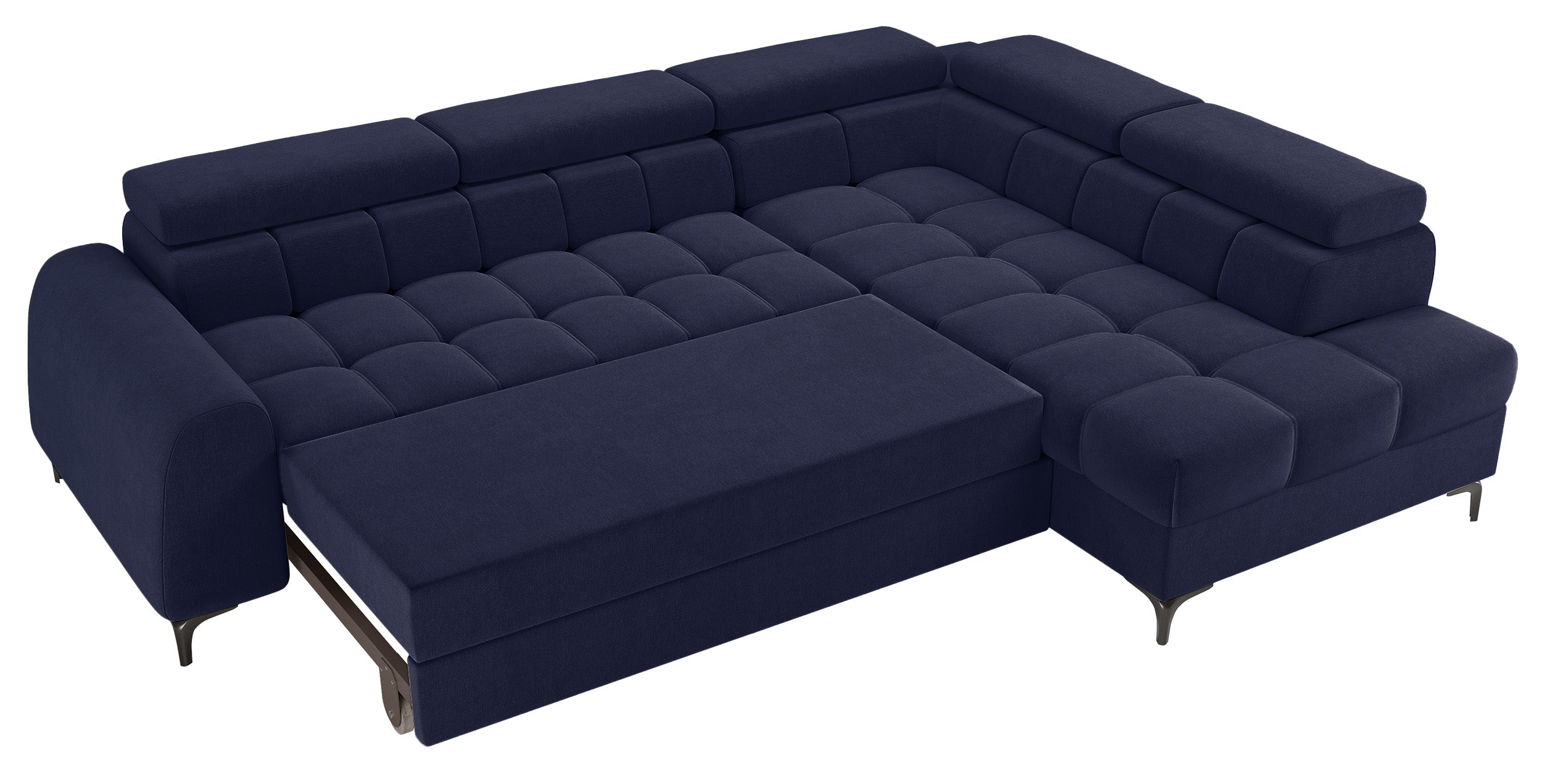 Ecksofa mit Schlaffunktion Arellio, L-förmig, rechtsseitig, mit Stauraum, marineblauer Chenille-Stoff