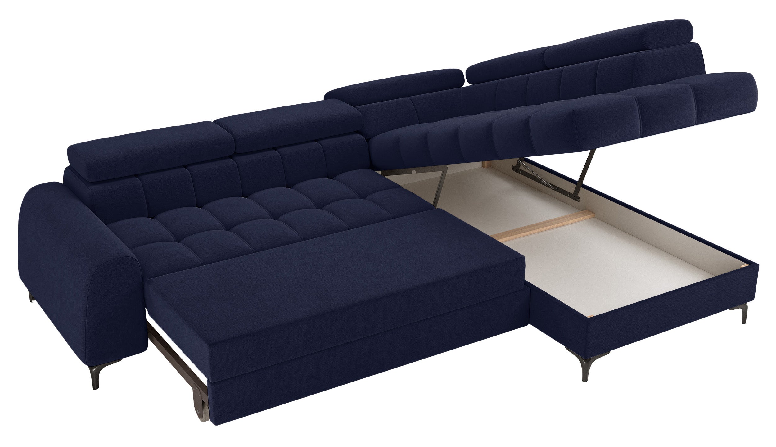 Ecksofa mit Schlaffunktion Arellio, L-förmig, rechtsseitig, mit Stauraum, marineblauer Chenille-Stoff