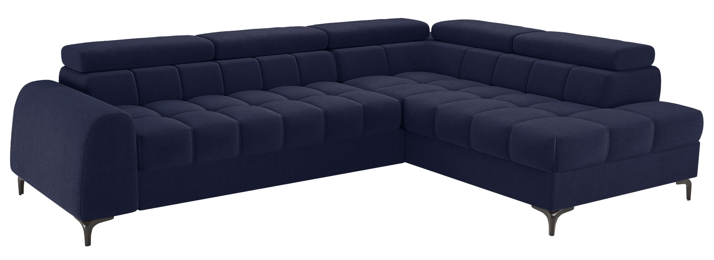 Ecksofa mit Schlaffunktion Arellio, L-förmig, rechtsseitig, mit Stauraum, marineblauer Chenille-Stoff