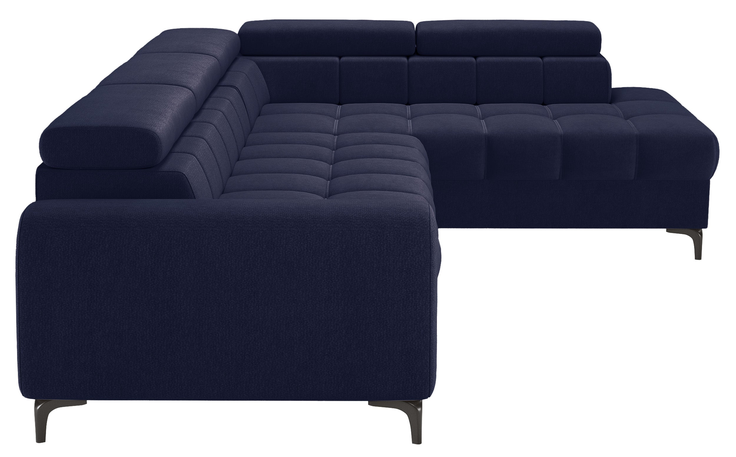 Ecksofa mit Schlaffunktion Arellio, L-förmig, rechtsseitig, mit Stauraum, marineblauer Chenille-Stoff