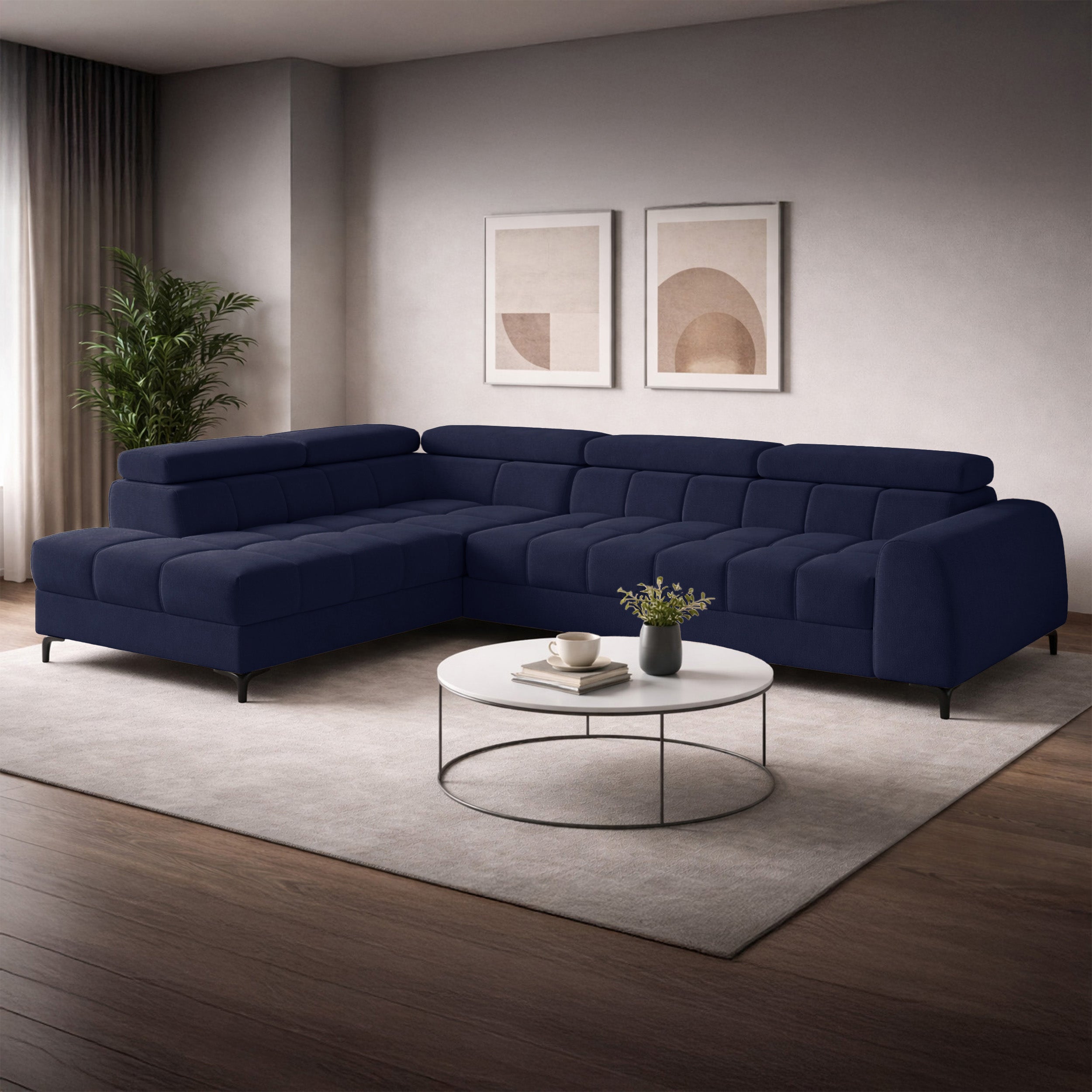 Ecksofa mit Schlafunktion Arellio, L-förmig, linksseitig, mit Stauraum, marineblauer Chenille-Stoff