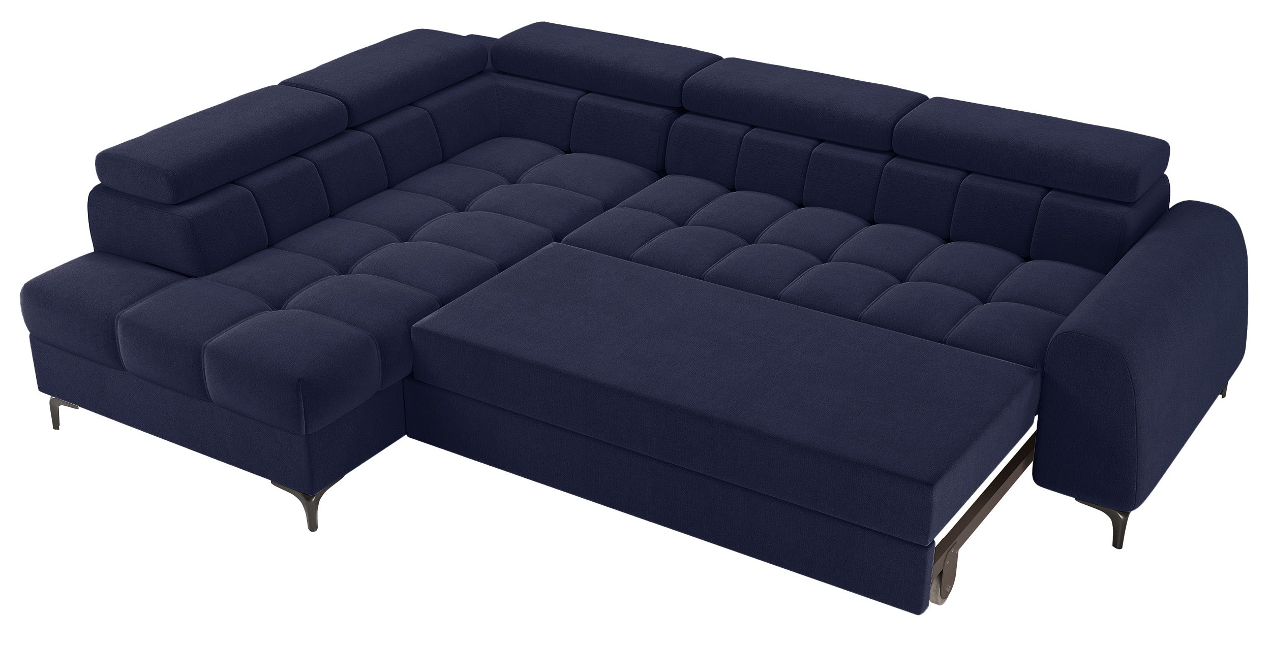 Ecksofa mit Schlafunktion Arellio, L-förmig, linksseitig, mit Stauraum, marineblauer Chenille-Stoff