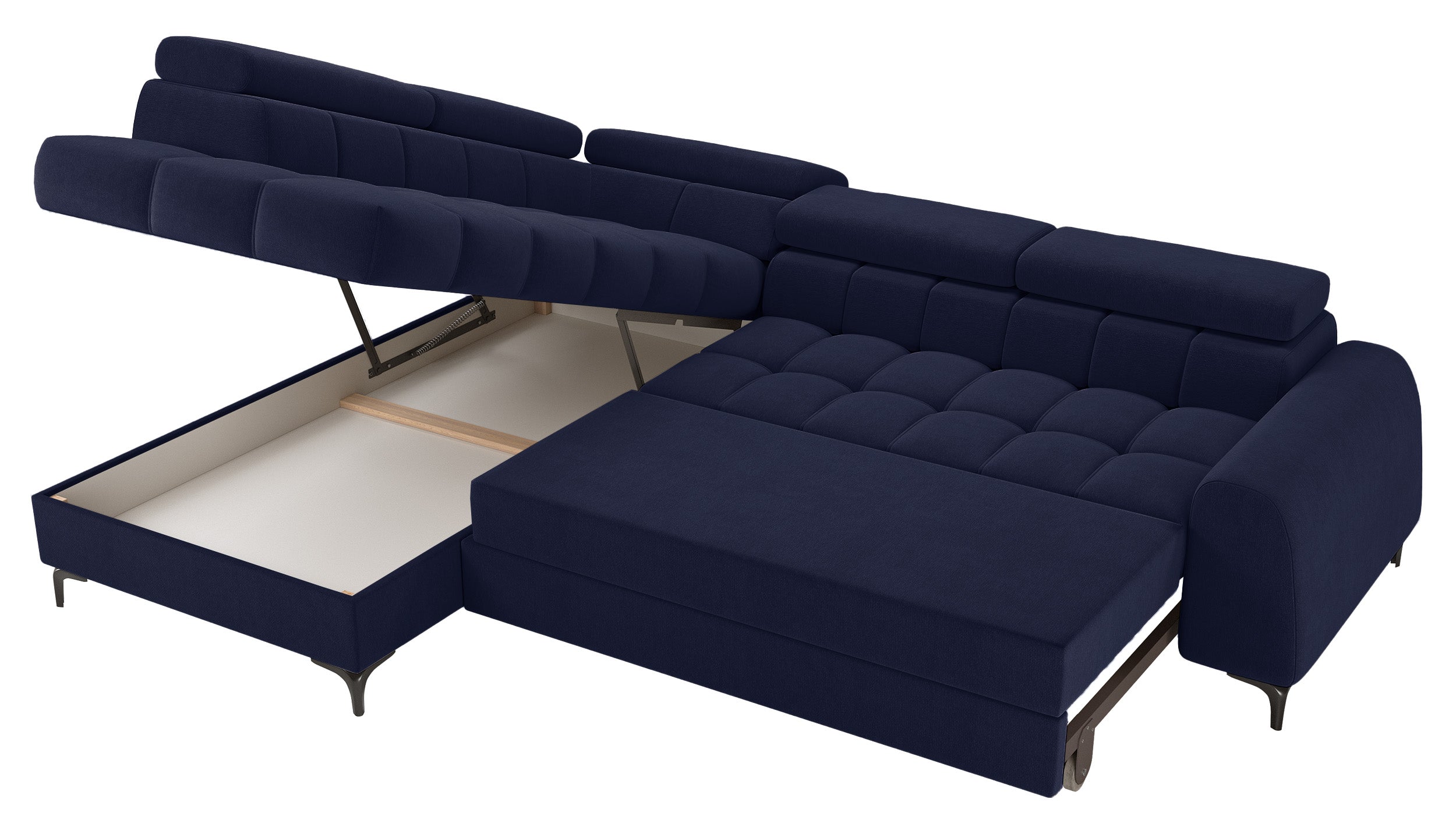 Ecksofa mit Schlafunktion Arellio, L-förmig, linksseitig, mit Stauraum, marineblauer Chenille-Stoff