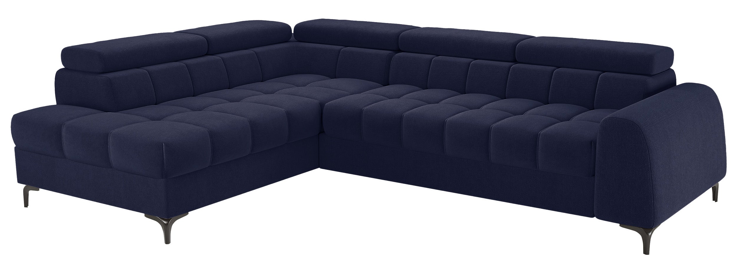 Ecksofa mit Schlafunktion Arellio, L-förmig, linksseitig, mit Stauraum, marineblauer Chenille-Stoff