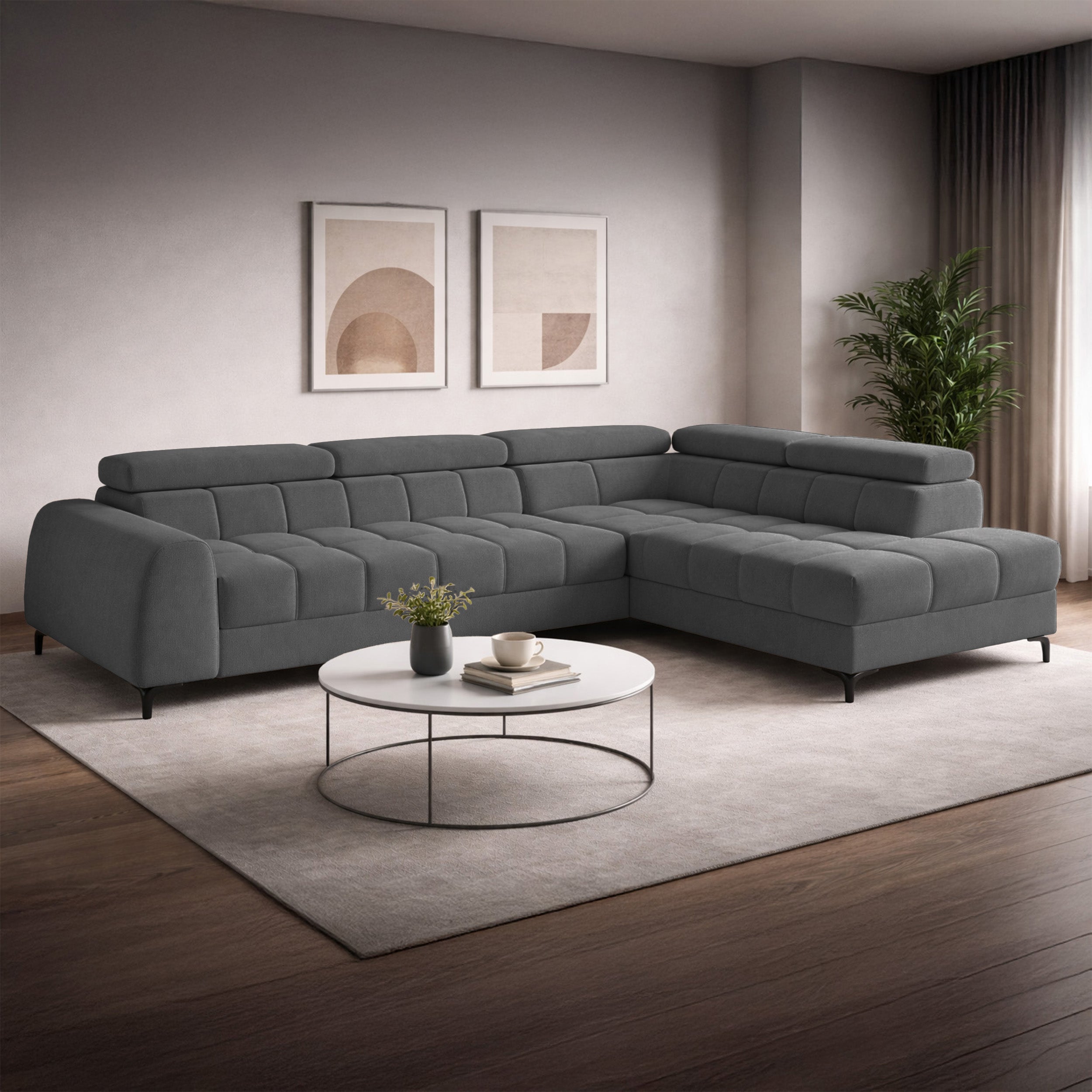Ecksofa mit Schlaffunktion Arellio, L-förmig, rechtsseitig, mit Stauraum, grauer Chenille-Stoff