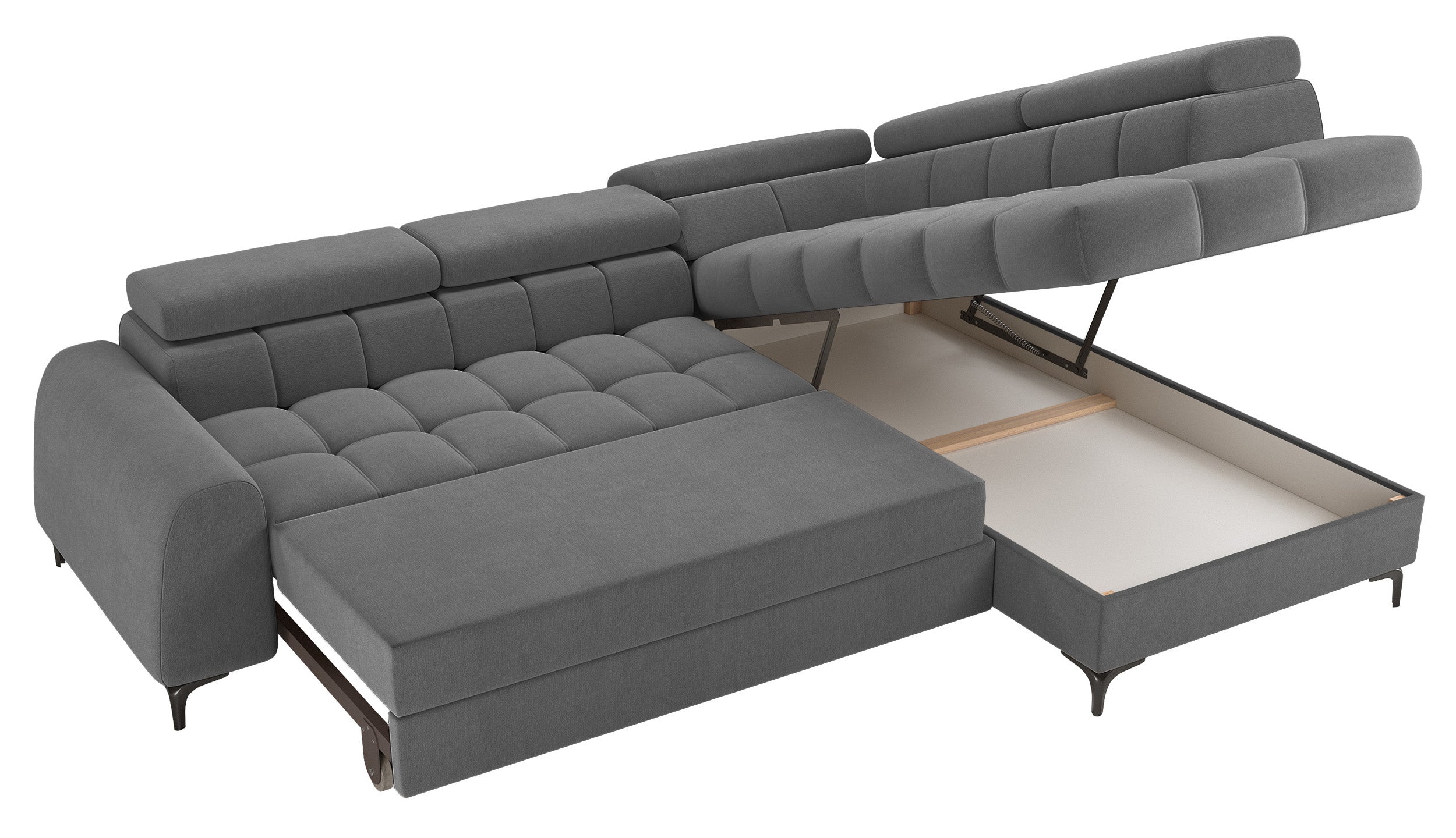 Ecksofa mit Schlaffunktion Arellio, L-förmig, rechtsseitig, mit Stauraum, grauer Chenille-Stoff