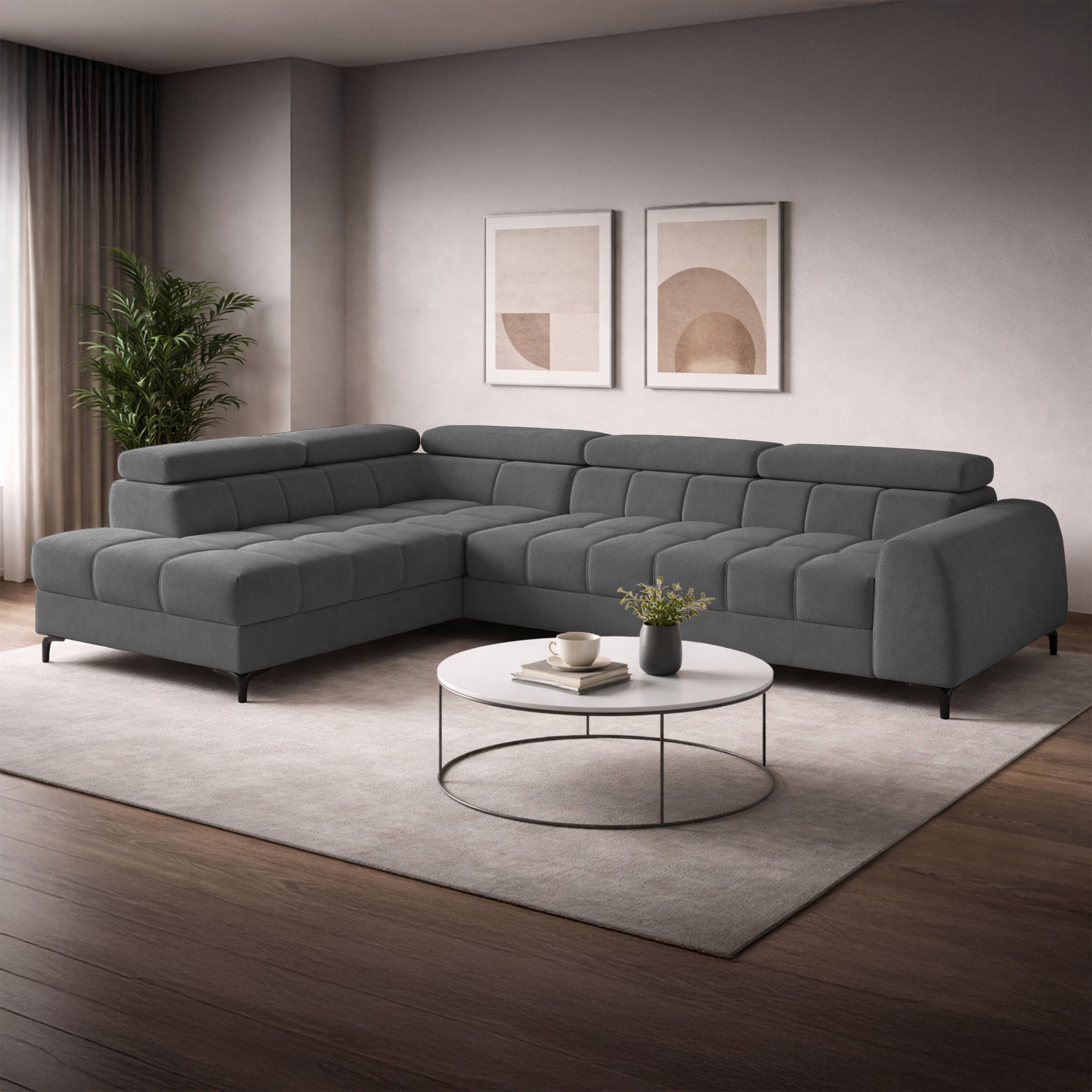 Ecksofa mit Schlaffunktion Arellio, L-förmig, linksseitig, mit Stauraum, grauer Chenille-Stoff