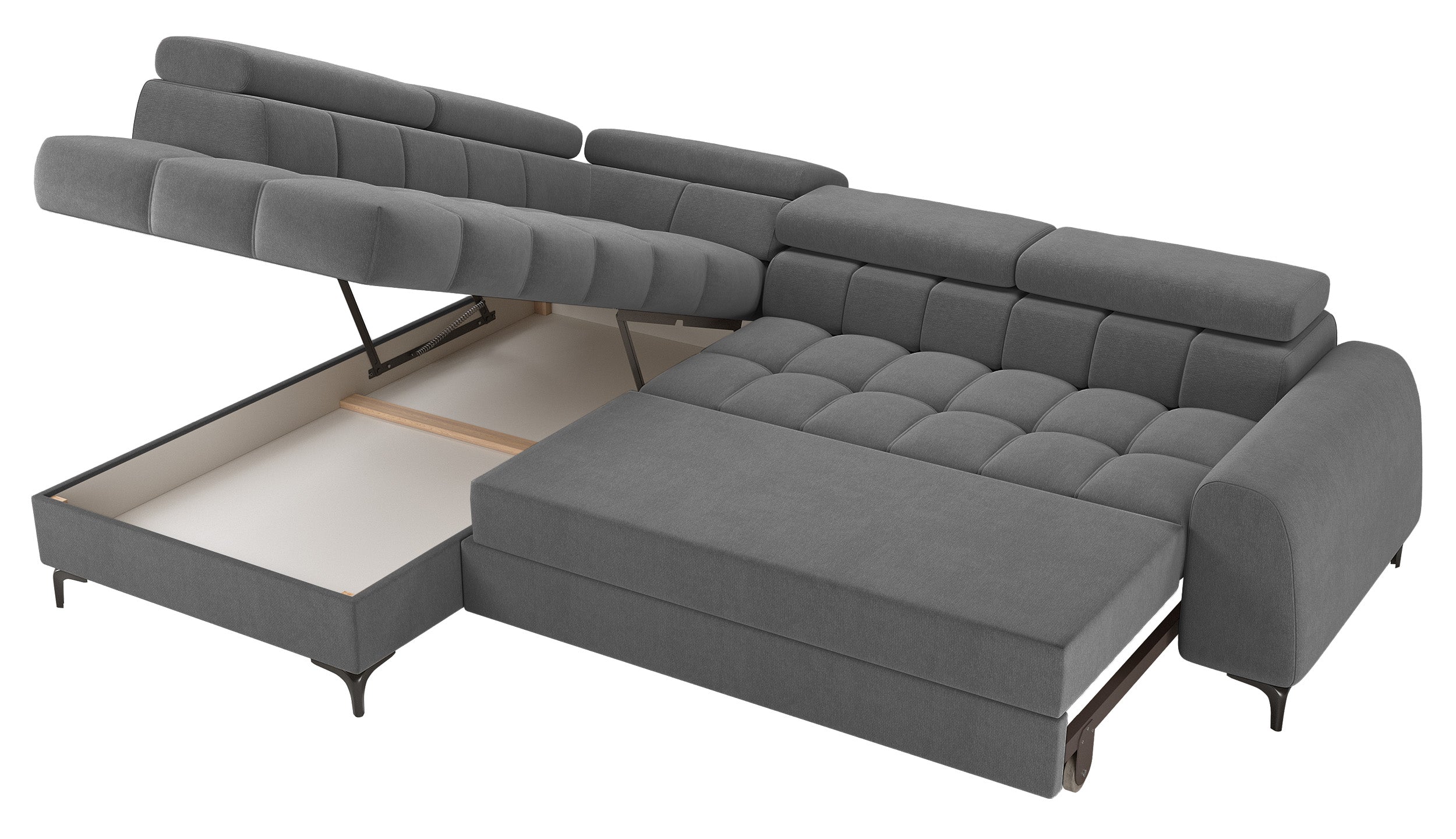 Ecksofa mit Schlaffunktion Arellio, L-förmig, linksseitig, mit Stauraum, grauer Chenille-Stoff