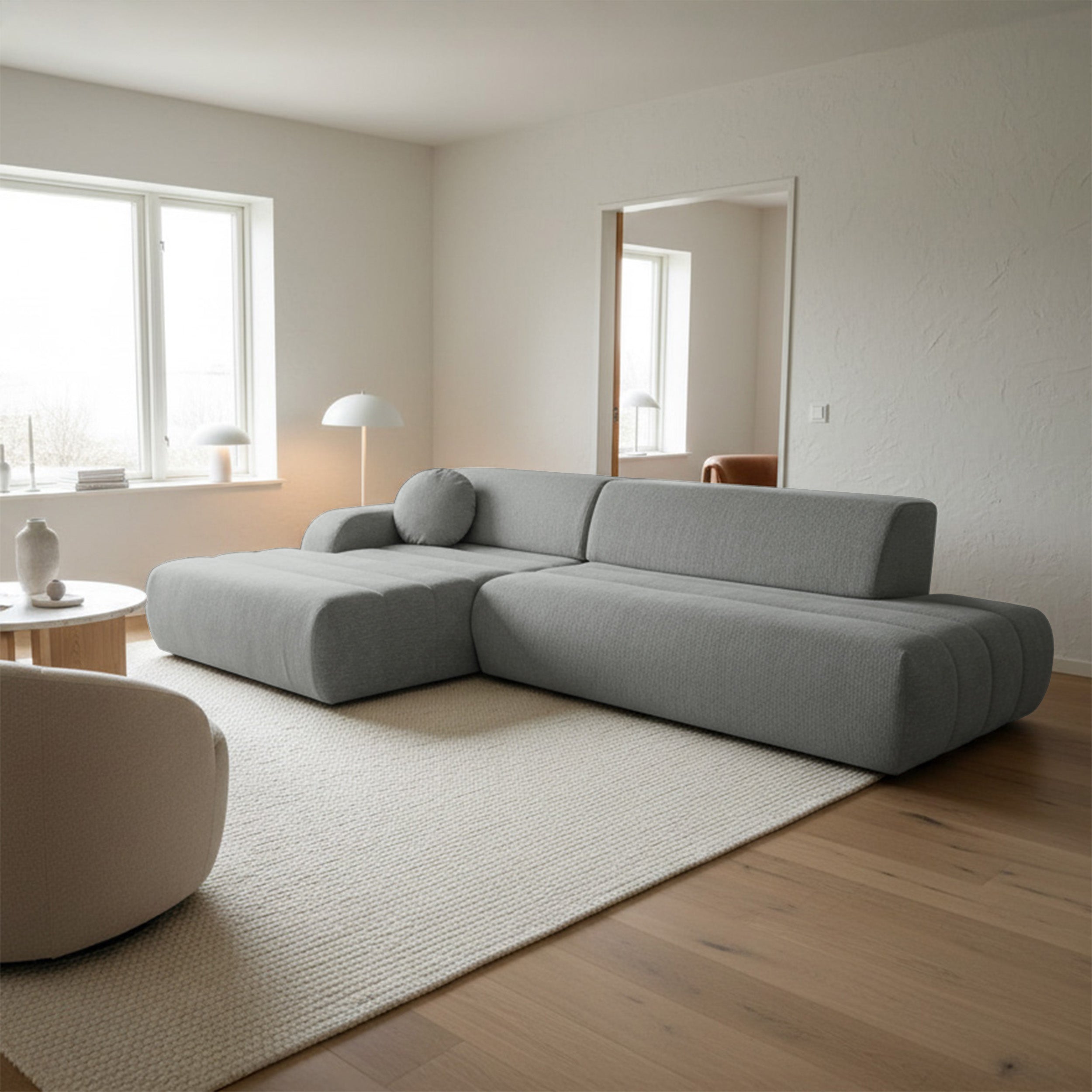 Ecksofa mit Schlaffunktion Arione, L-förmig, linksseitig, mit Stauraum, hellgrauer Chenille-Stoff
