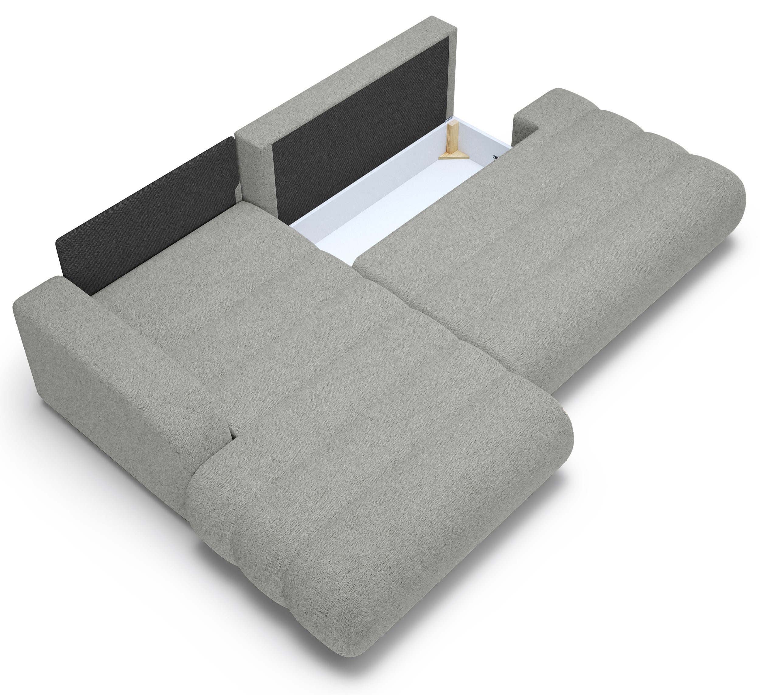 Ecksofa mit Schlaffunktion Arione, L-förmig, linksseitig, mit Stauraum, hellgrauer Chenille-Stoff