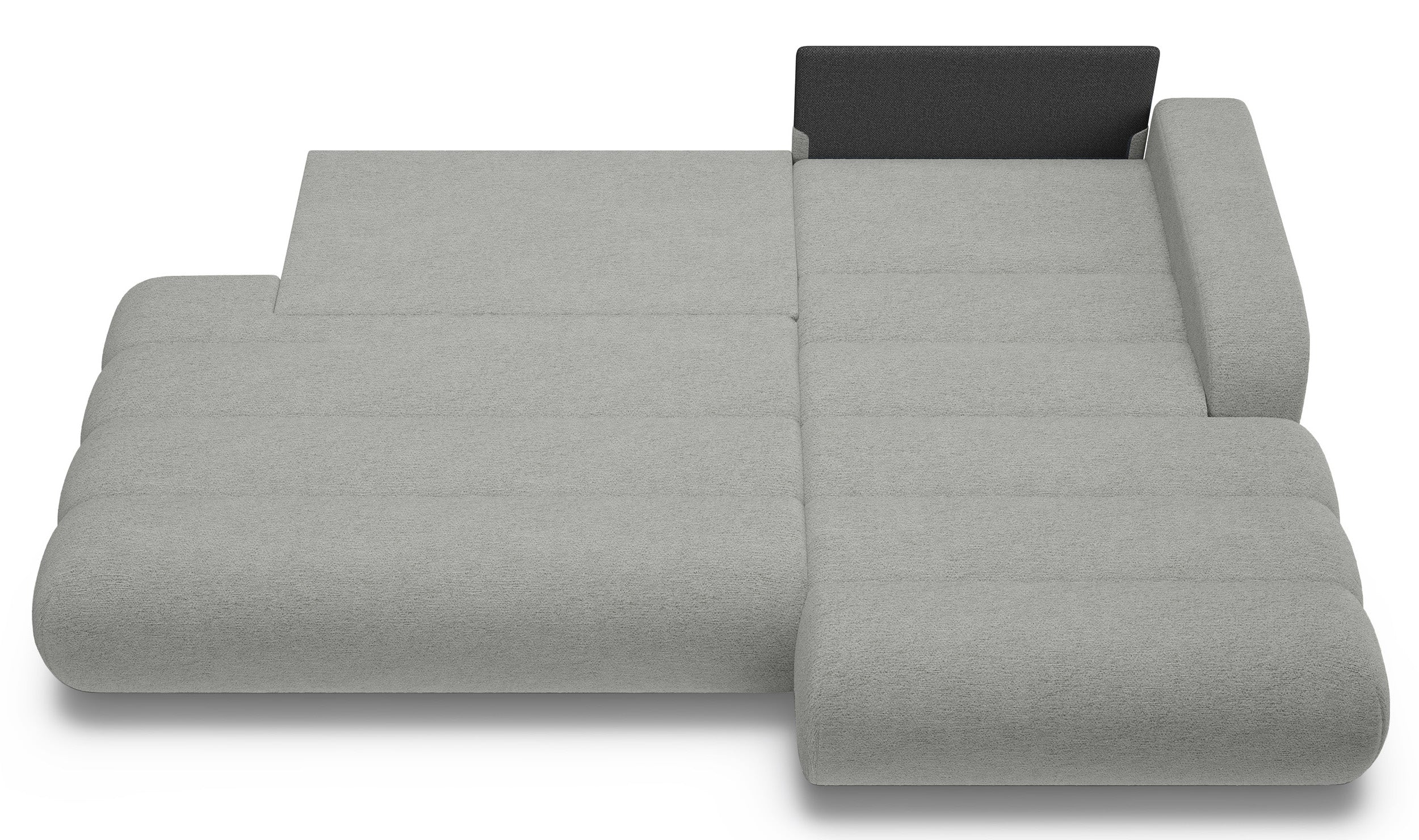 Ecksofa mit Schlaffunktion Arione, L-förmig, rechtsseitig, mit Stauraum, hellgrauer Chenillestoff