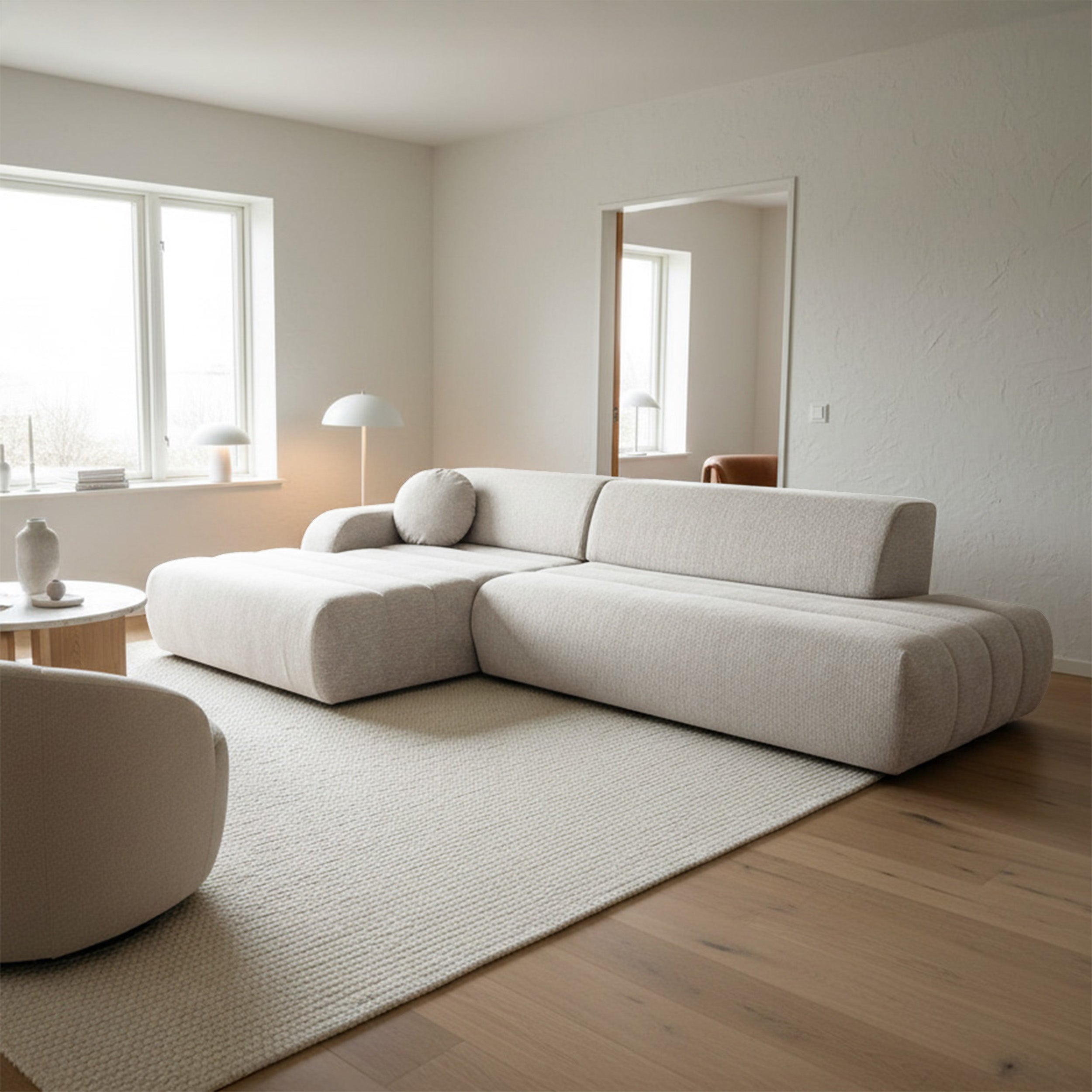 Ecksofa mit Schlaffunktion Arione, L-förmig, linksseitig, mit Stauraum, hellbeige Chenille