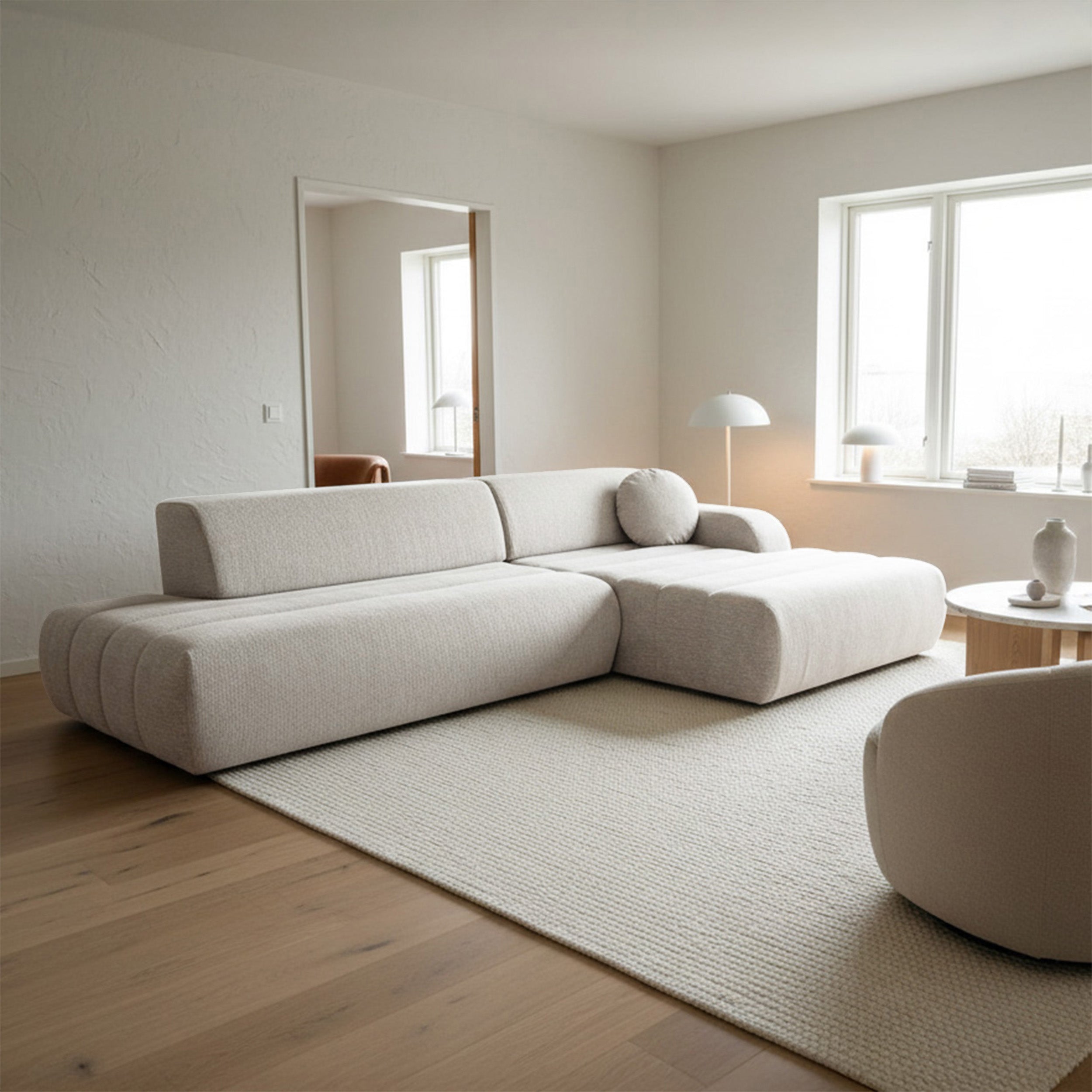 Ecksofa mit Schlaffunktion Arione, L-förmig, rechtsseitig, mit Stauraum, hellbeige Chenille