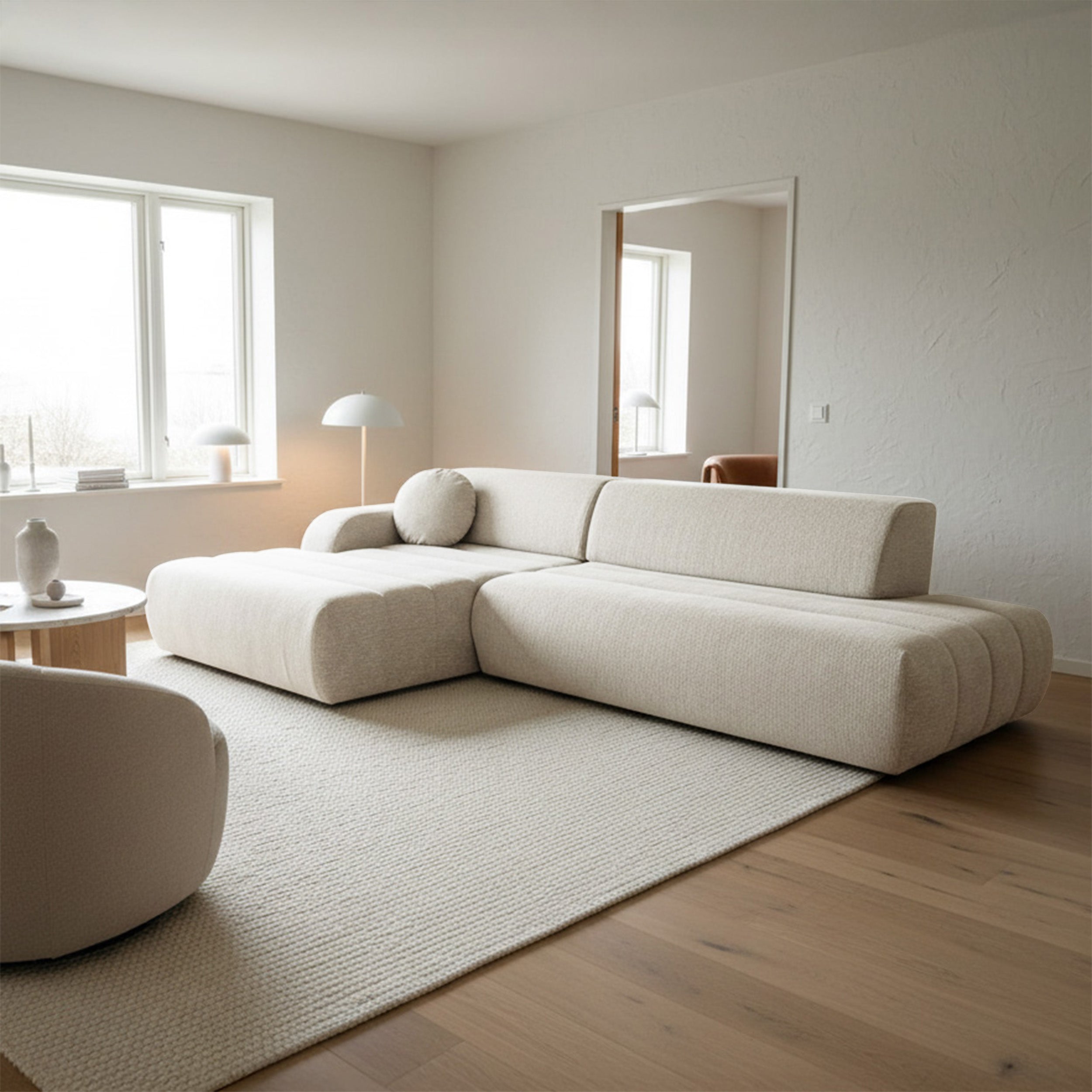 Ecksofa mit Schlafunktion Arione, L-förmig, linksseitig, mit Stauraum, cremefarbener Chenillebezug