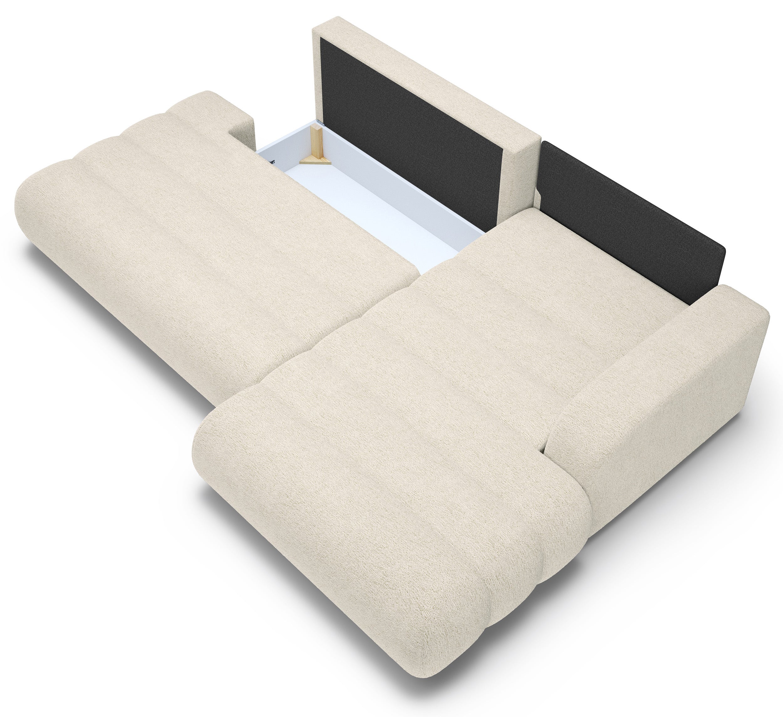 Ecksofa mit Schlaffunktion Arione, L-förmig, rechtsseitig, mit Stauraum, kremfarbener Chenille-Bezug