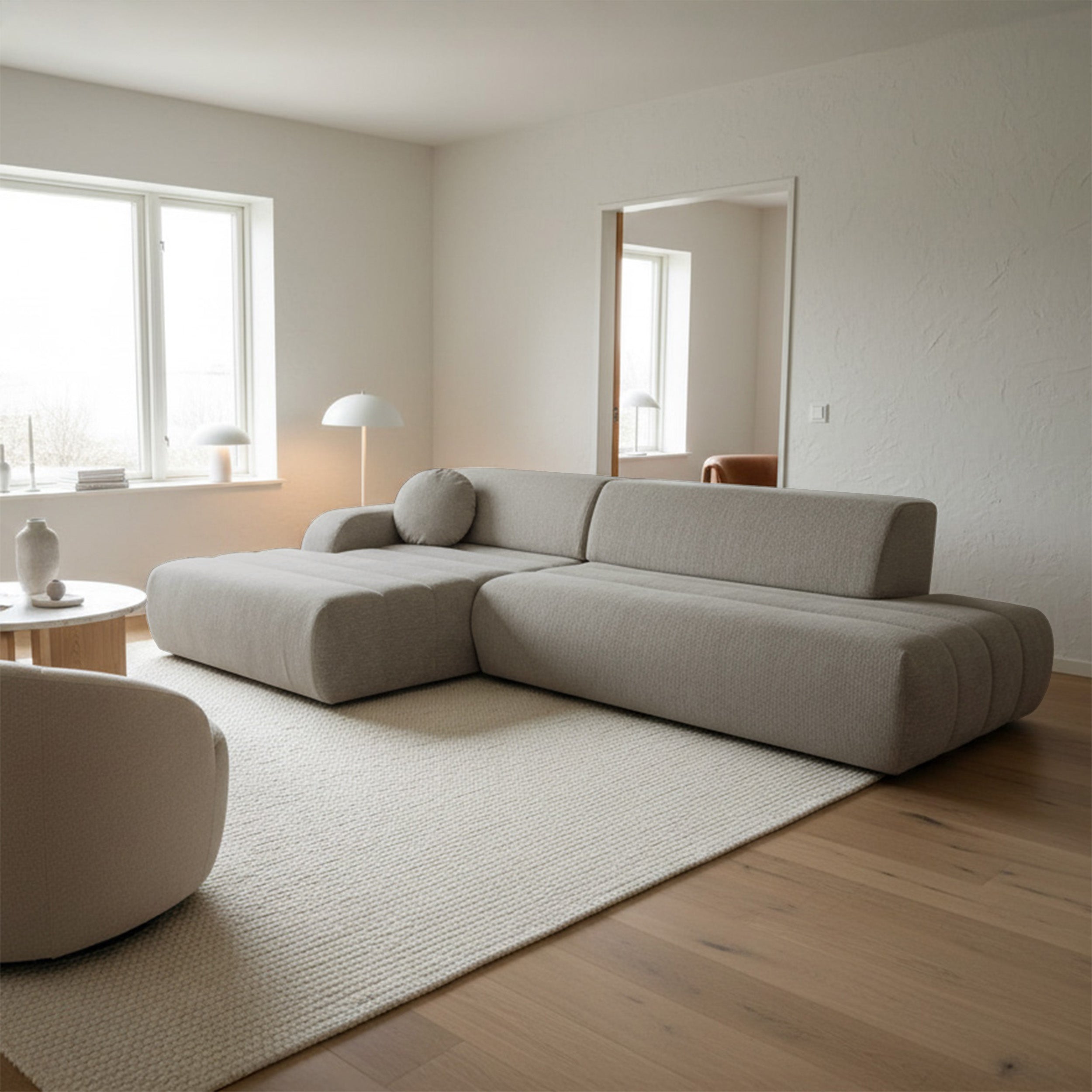 Ecksofa mit Schlaffunktion Arione, L-förmig, linksseitig, mit Stauraum, grau-beiger Chenille-Stoff
