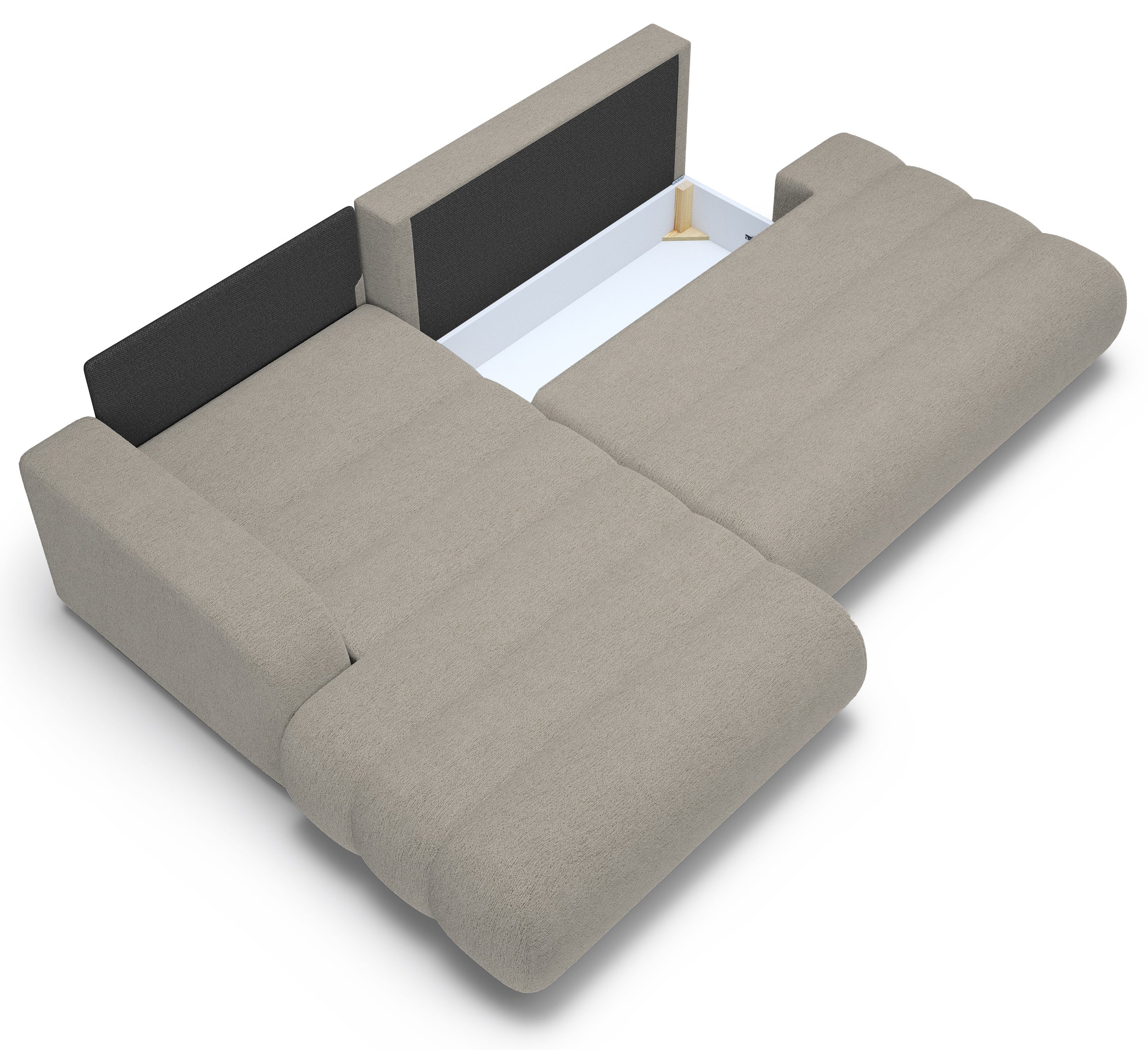 Ecksofa mit Schlaffunktion Arione, L-förmig, linksseitig, mit Stauraum, grau-beiger Chenille-Stoff