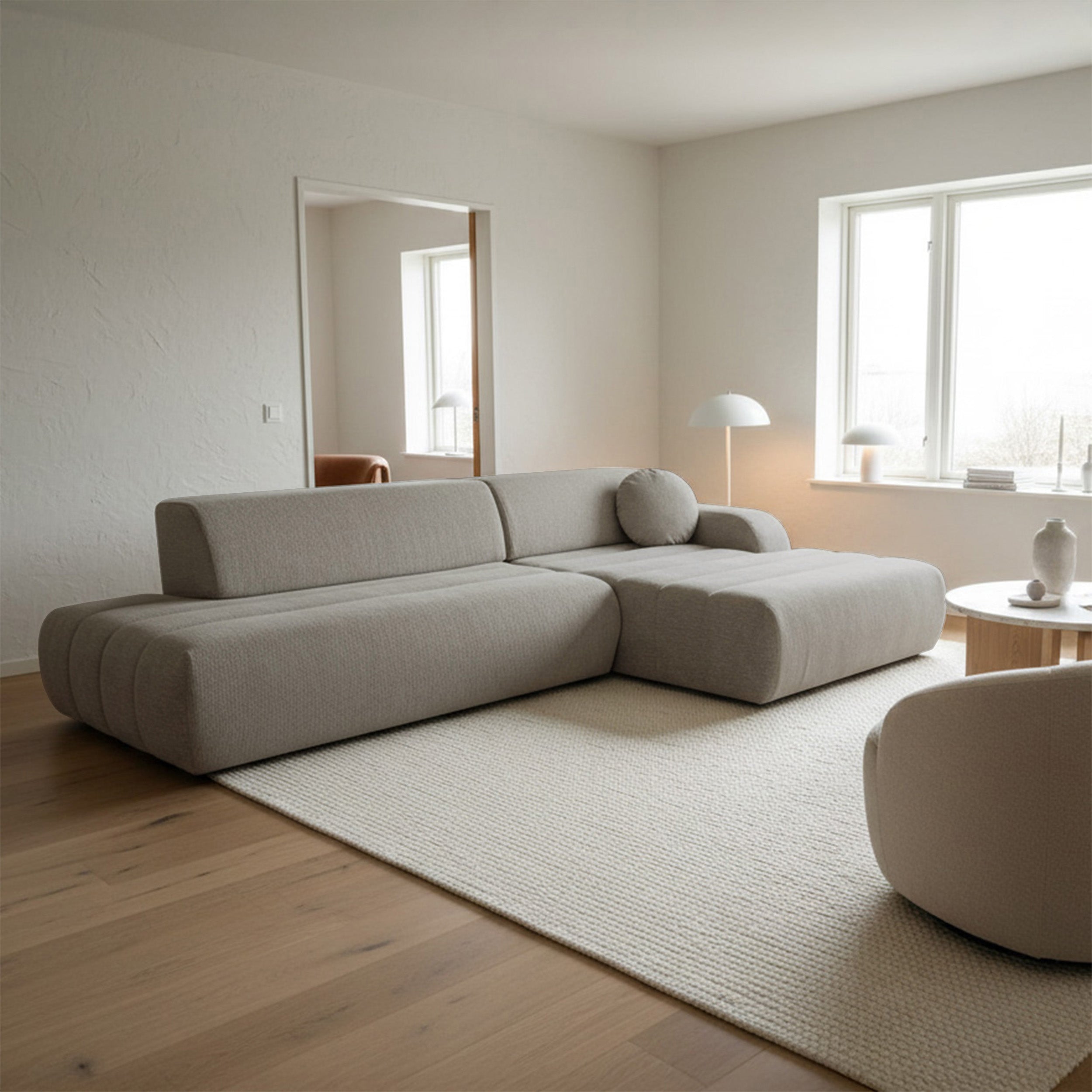 Ecksofa mit Schlaffunktion Arione, L-förmig, rechtsseitig, mit Stauraum, grau-beiger Chenille-Stoff