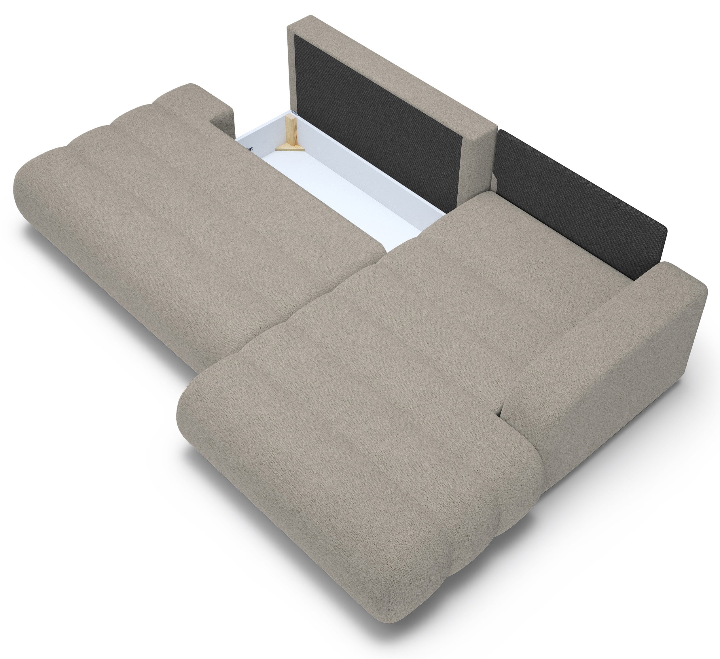 Ecksofa mit Schlaffunktion Arione, L-förmig, rechtsseitig, mit Stauraum, grau-beiger Chenille-Stoff