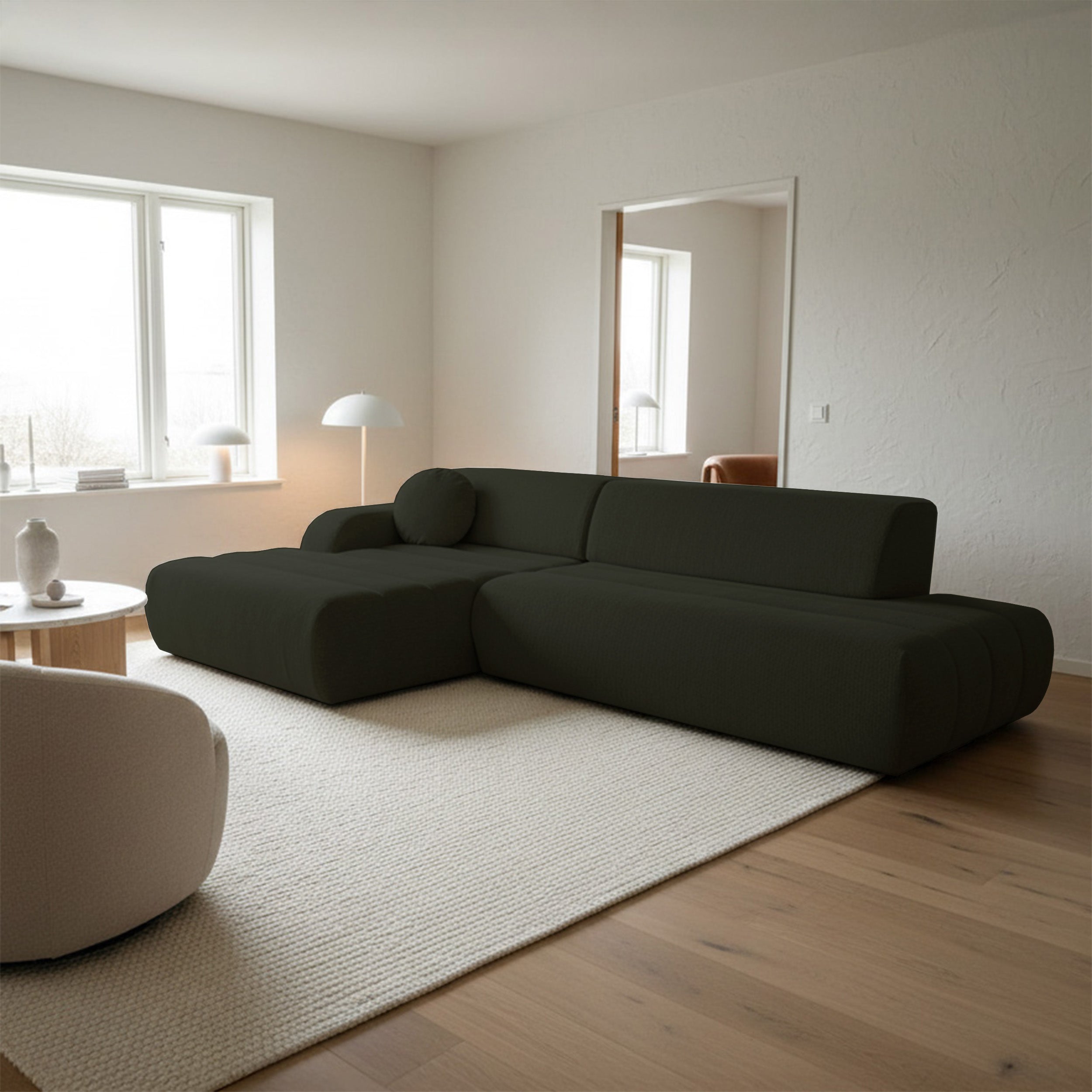 Ecksofa mit Schlaffunktion Arione, L-förmig, linksseitig, mit Stauraum, grüner Chenille-Bezug